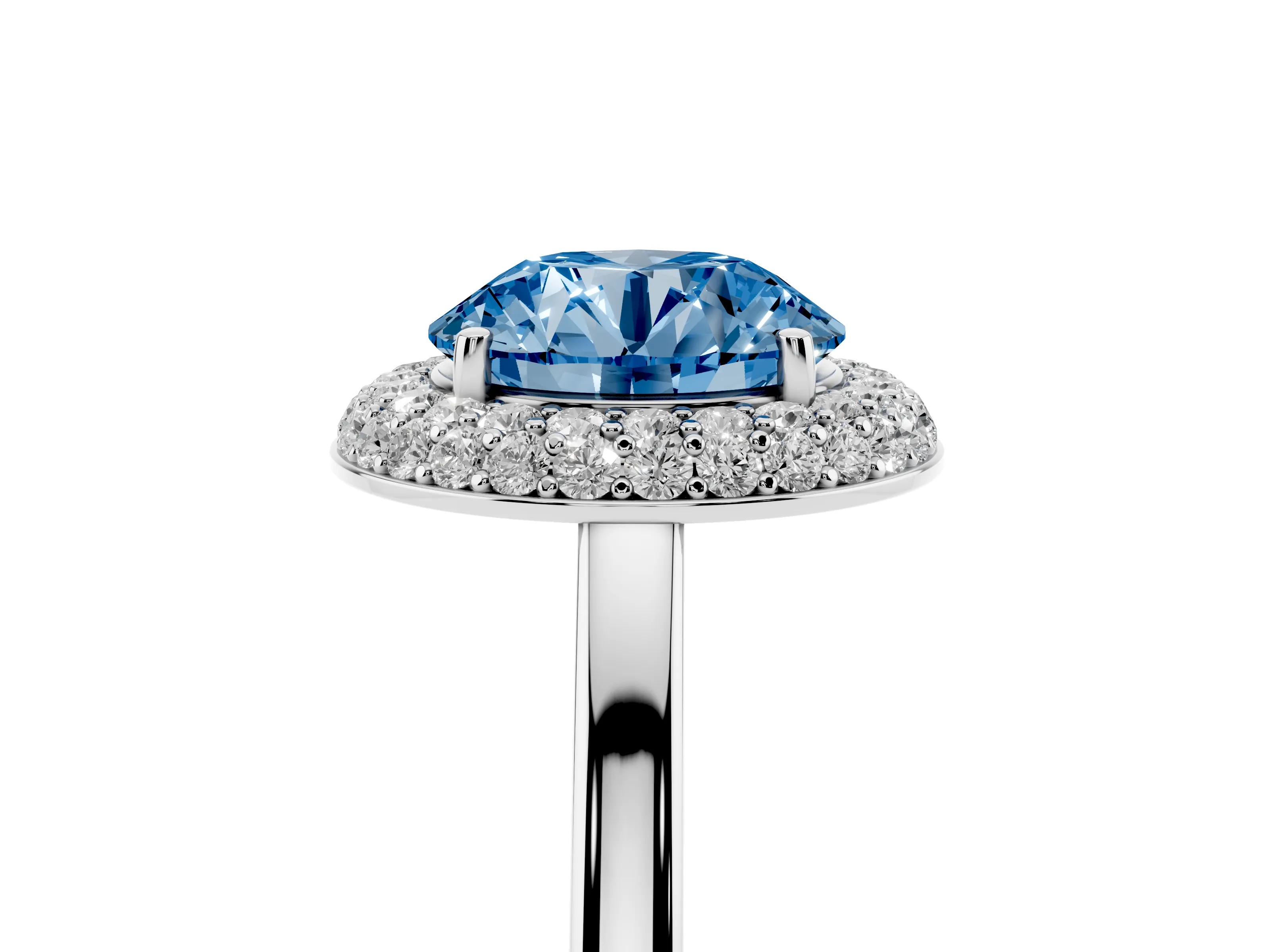 Fancy Blue Round Cut Diamond Halo Engagement Ring Set in Platinum with Solitaire Band and Prong Setting