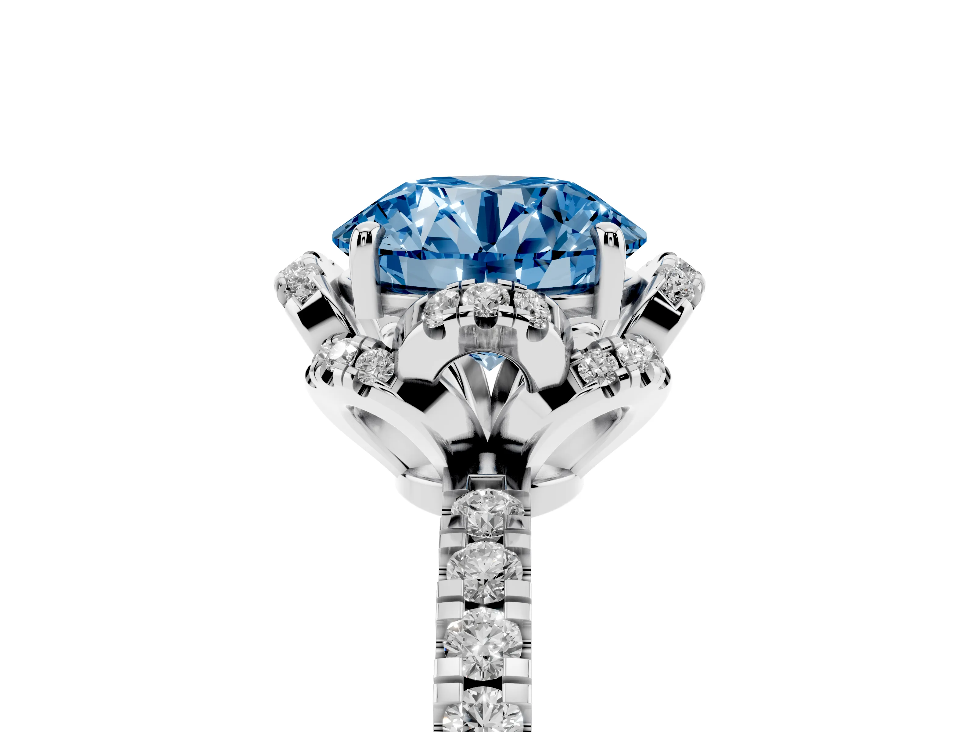 Fancy Blue Round Cut Diamond Halo Pavé Band Ring Set in Platinum with Prong-Held Center