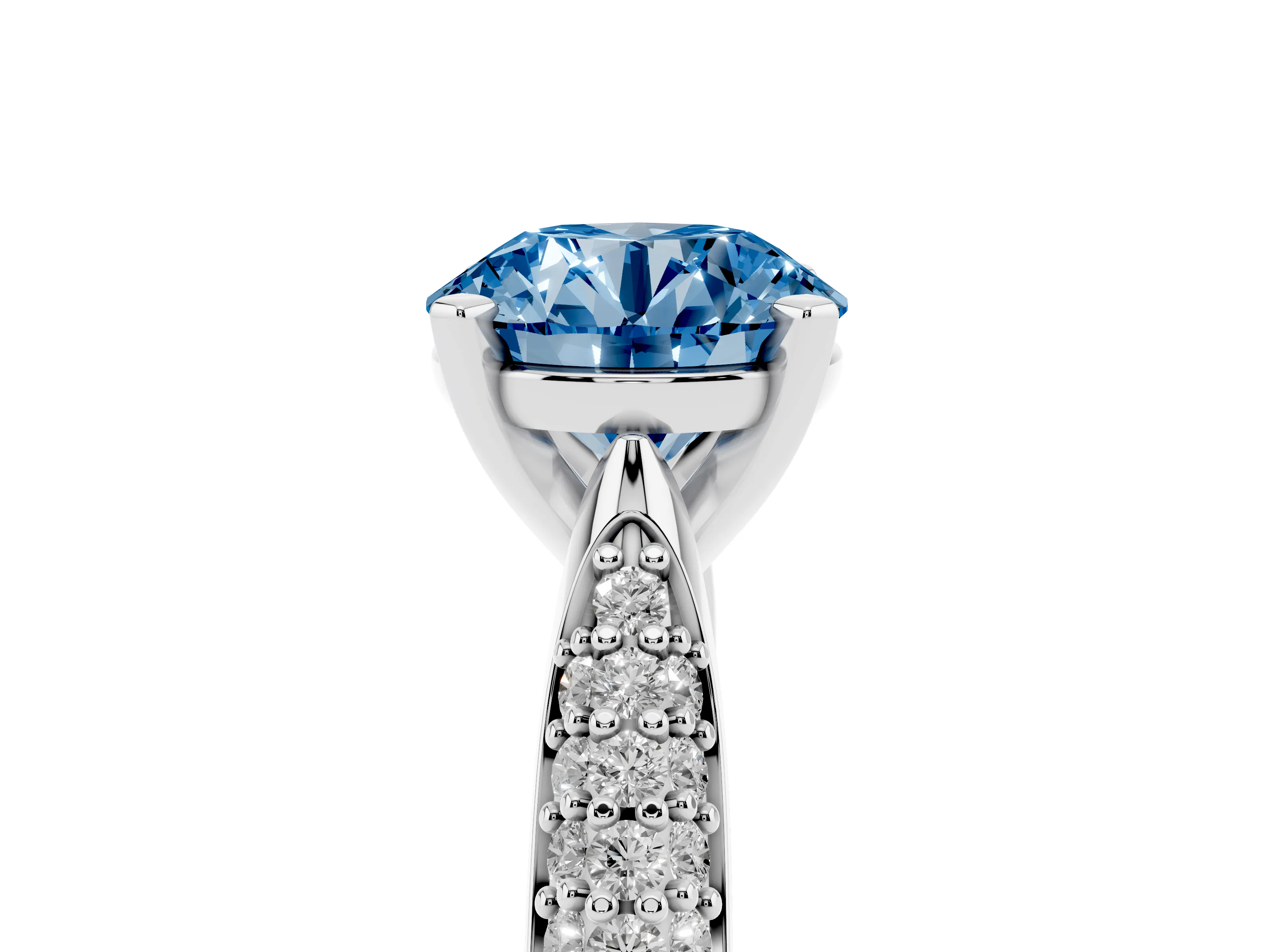 Fancy Blue Round Cut Diamond Solitaire Engagement Ring Set in White gold with Multi-Row Round Pavé Band and Prong Setting