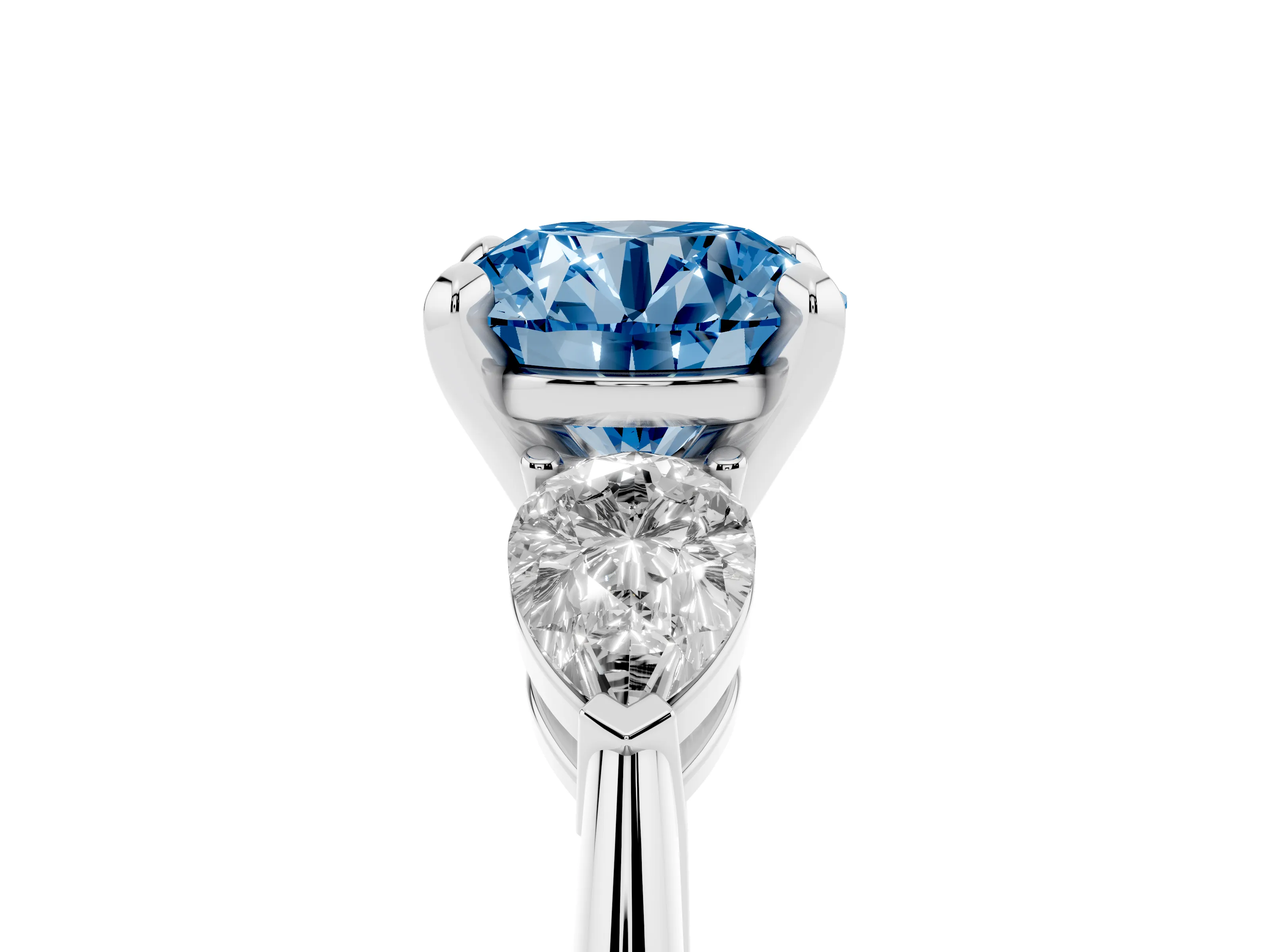 Fancy Blue Three-Stone Round Cut Diamond Ring Set in Silver with Pear Side Stones and Prong Setting