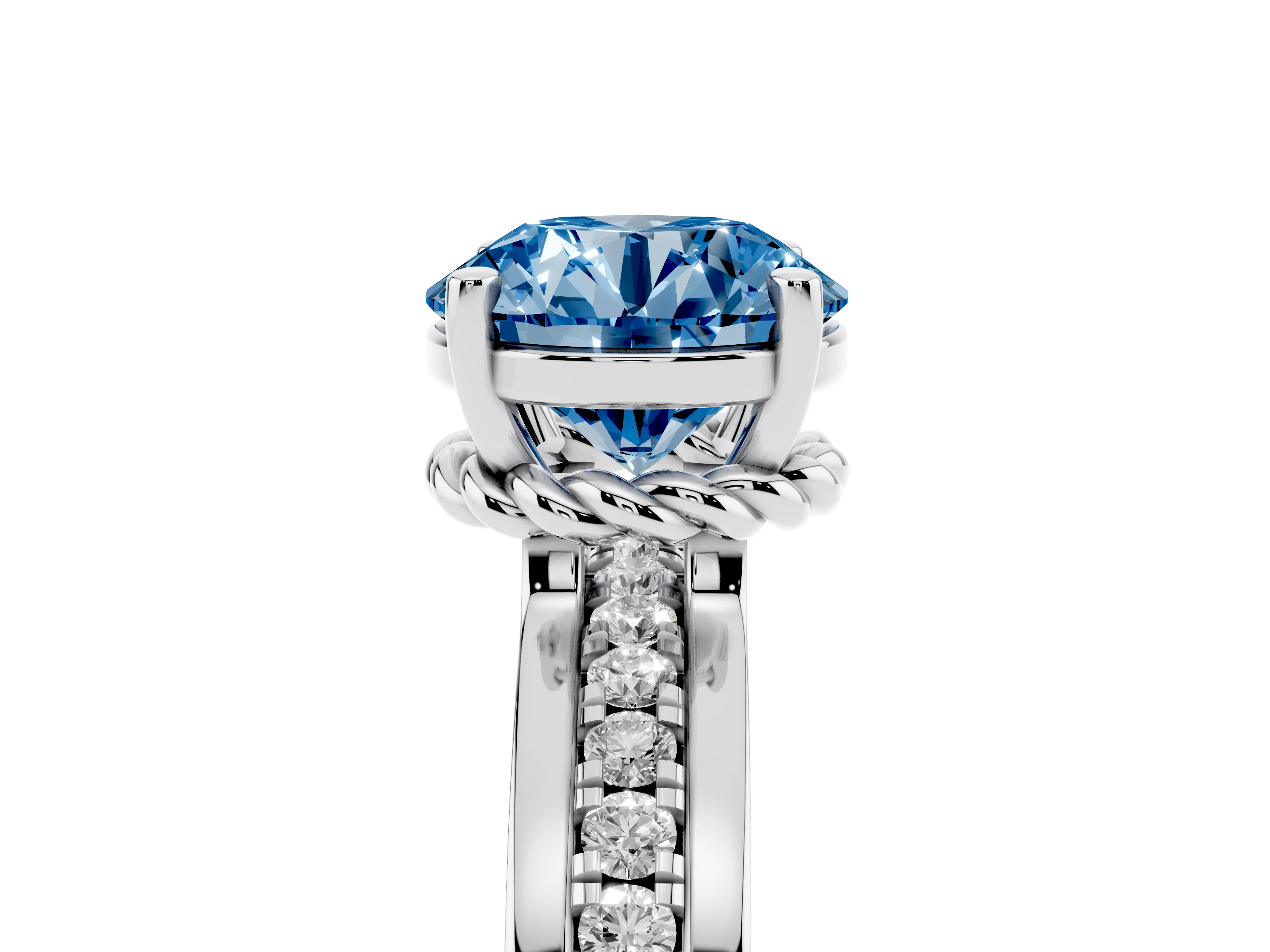 Fancy Blue Round Cut Diamond Solitaire Ring Set in Platinum with Channel Set Band and Prong Setting