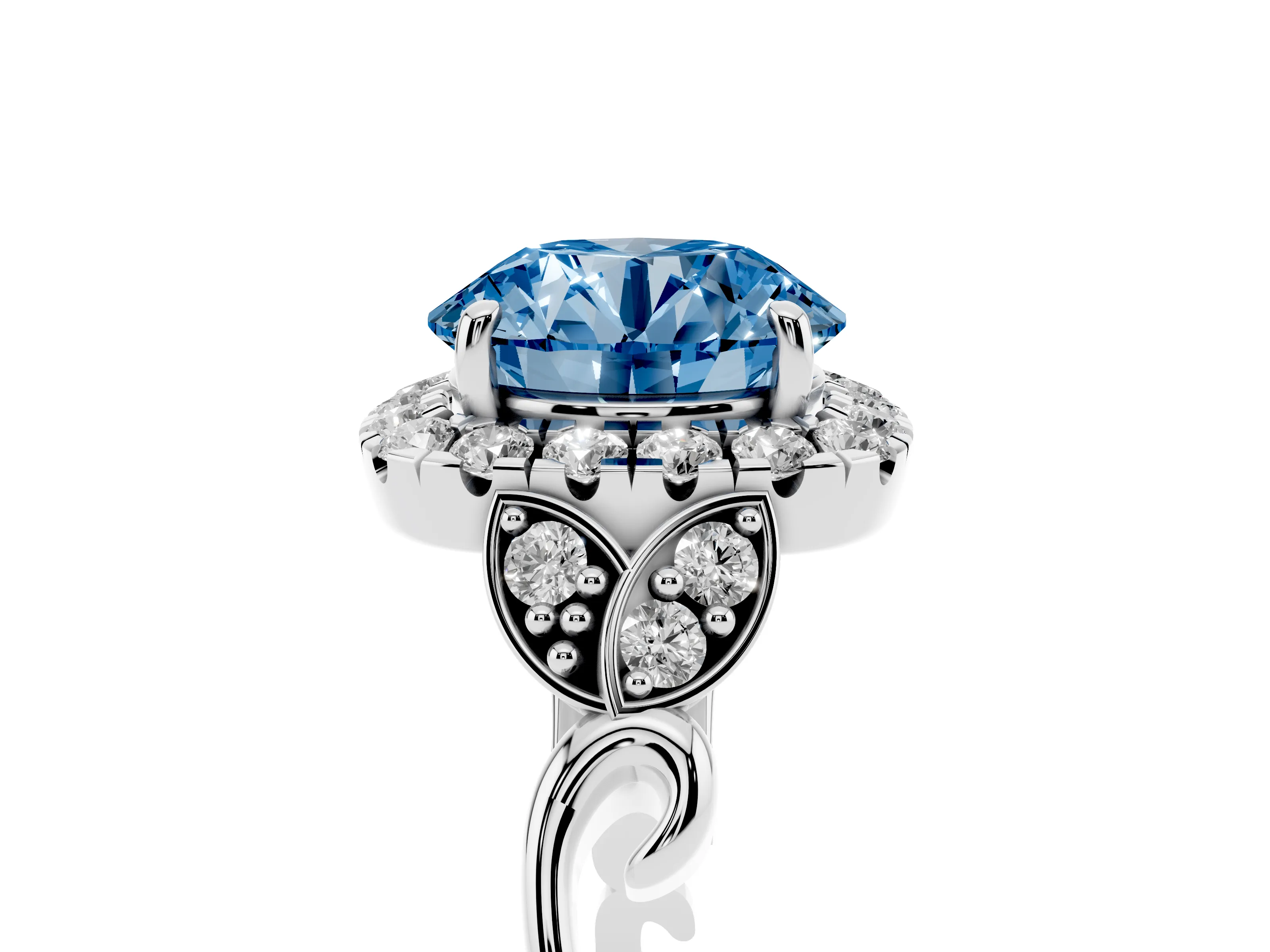 Fancy Blue Round Cut Diamond Halo Engagement Ring Set in White gold with Vintage-Inspired Band and Prong Setting