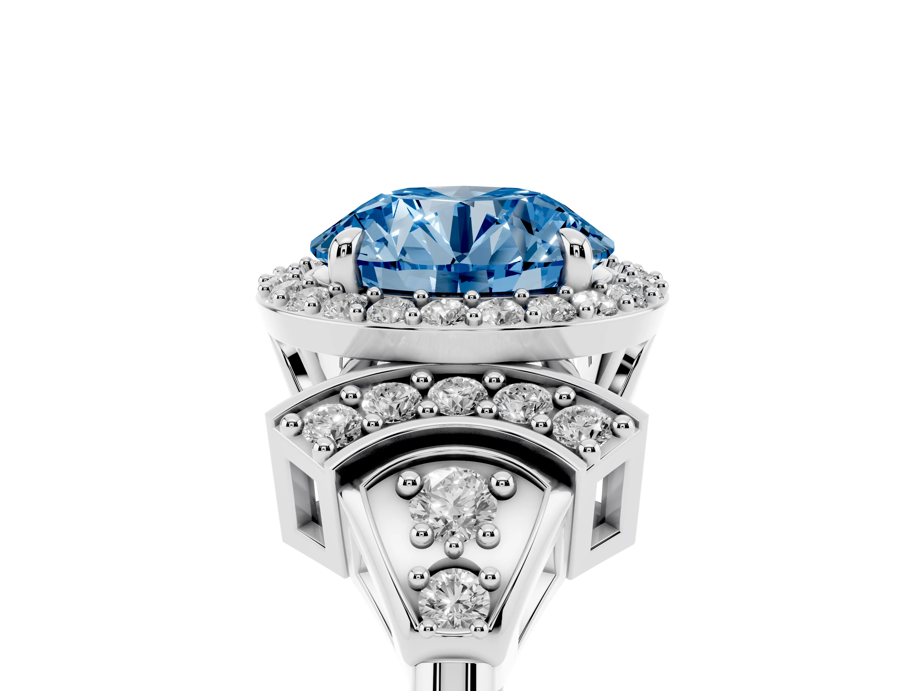 Fancy Blue Round Cut Diamond Halo Engagement Ring Set in Silver with Accent Stone Split Shank