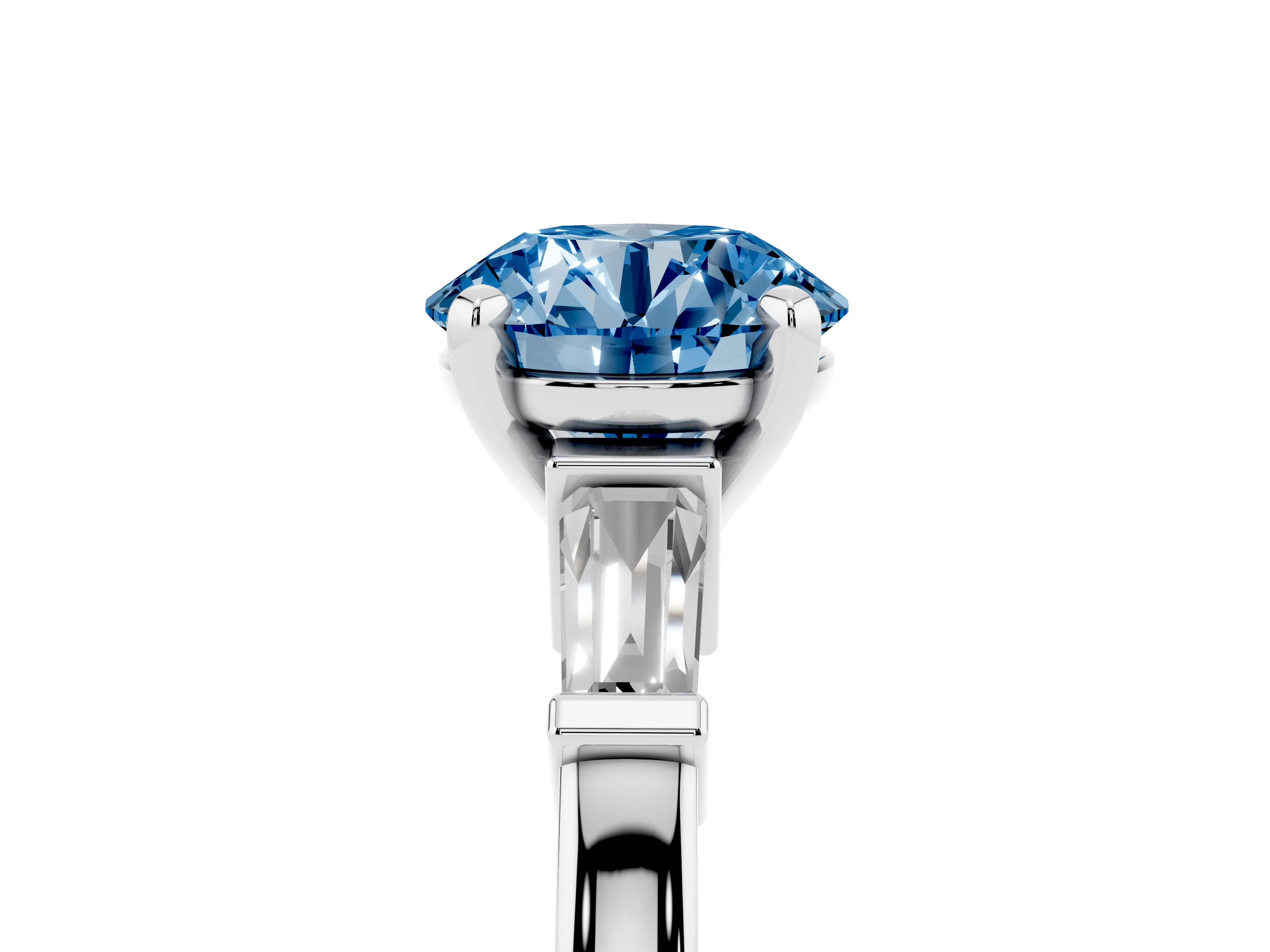 Fancy Blue Round Cut Diamond Solitaire Ring Set in White gold with Tapered Baguette Accents and Prong Setting