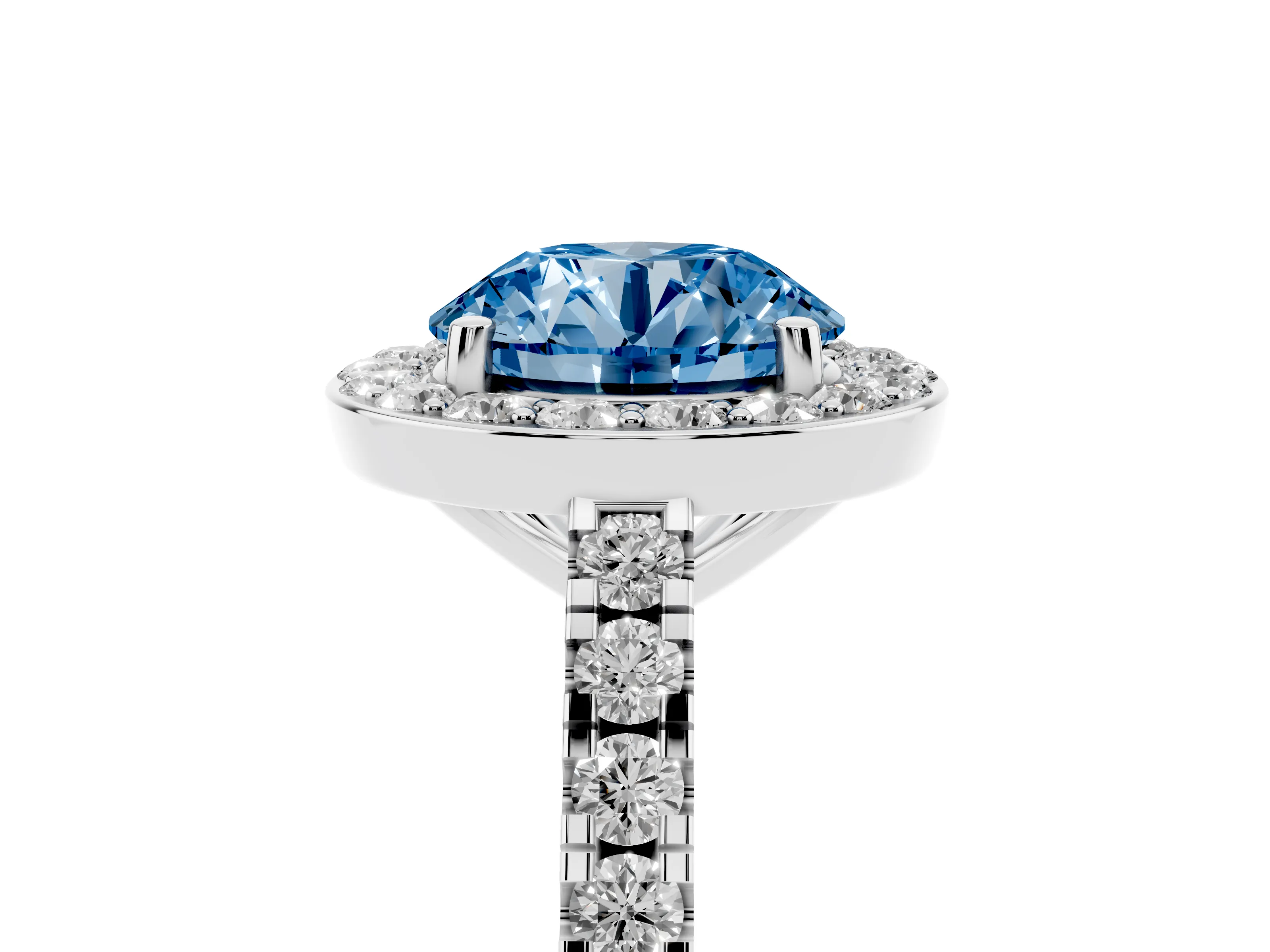 Fancy Blue Round Cut Diamond Halo Ring Set in Platinum with Round Pavé Split Shank and Prong Setting