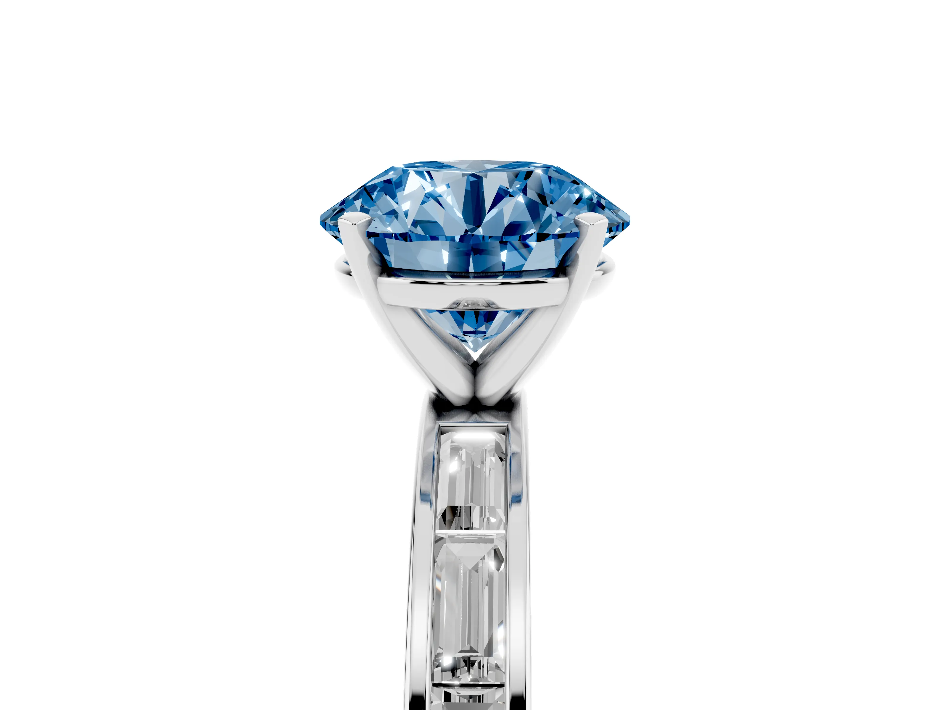 Fancy Blue Round Cut Diamond Solitaire Ring Set in Platinum with Channel-Set Baguette Band and Prong Setting