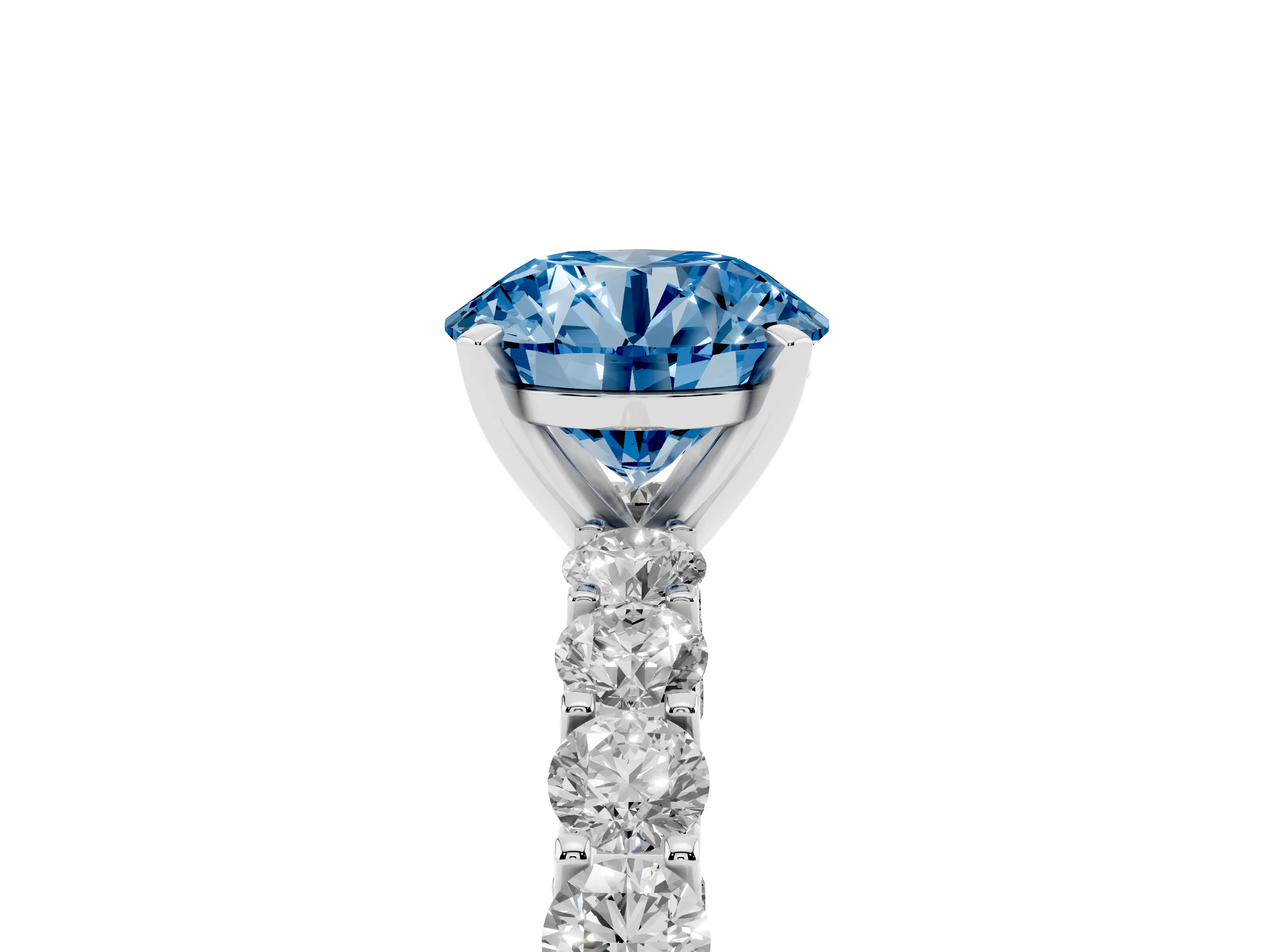 Fancy Blue Round Cut Diamond Solitaire Ring Set in Platinum with Shared Prong Pavé Band