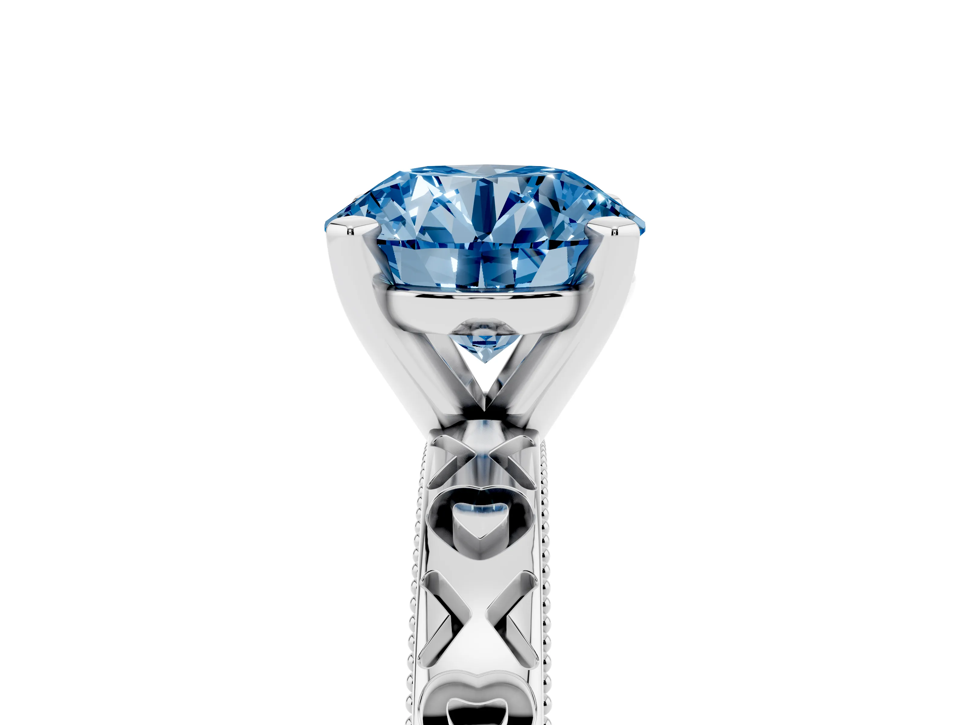 Fancy Blue Round Cut Diamond Solitaire Engagement Ring Set in Platinum with XO Engraved Band and Prong Setting
