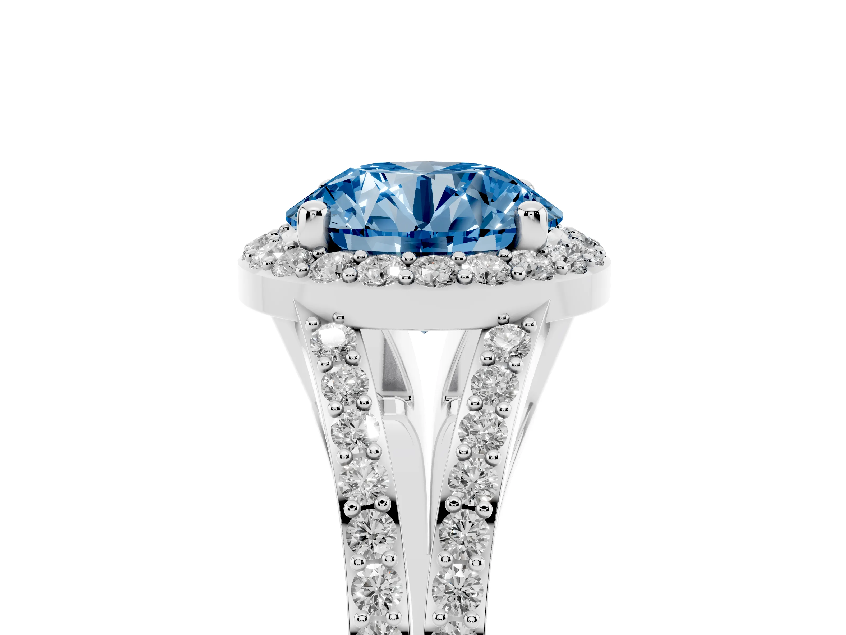 Fancy Blue Round Cut Diamond Halo Split Shank Pavé Ring Set in White gold with Prong Setting