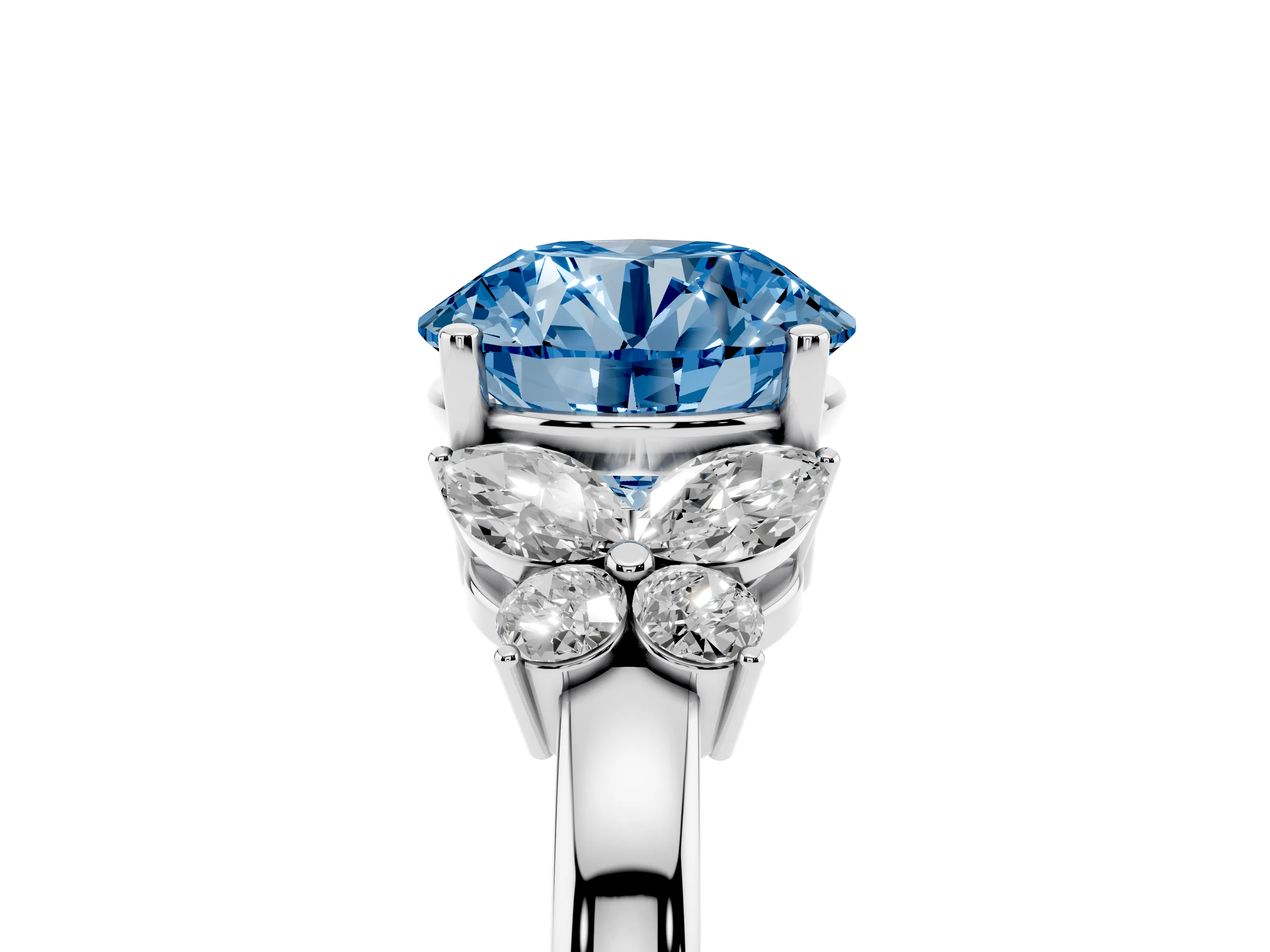 Fancy Blue Round Cut Diamond Solitaire Floral Ring Set in Silver with Marquise Petals and Prong Setting