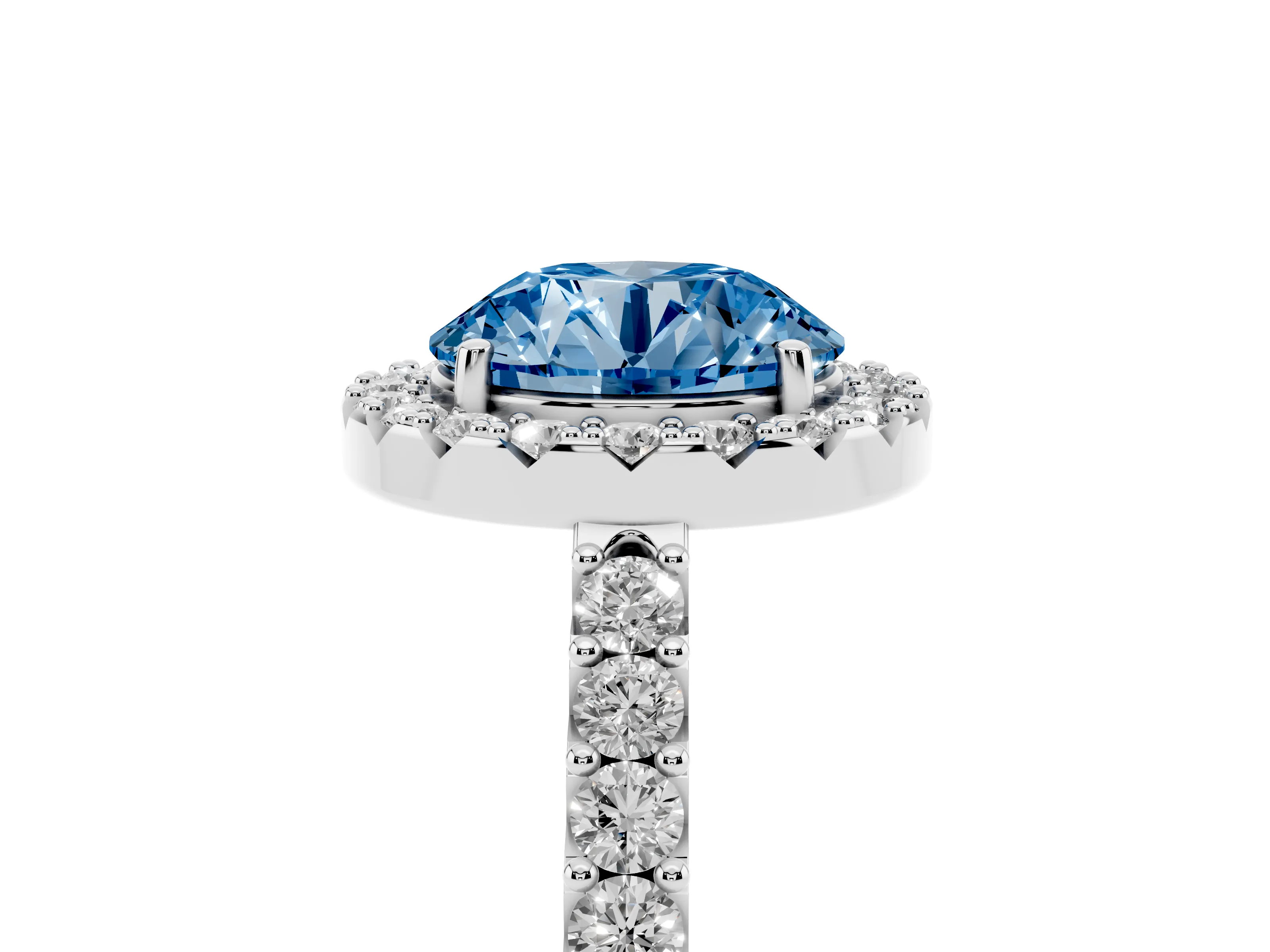 Fancy Blue Round Cut Diamond Halo Pavé Solitaire Ring Set in White gold with Prong-Set Center Stone