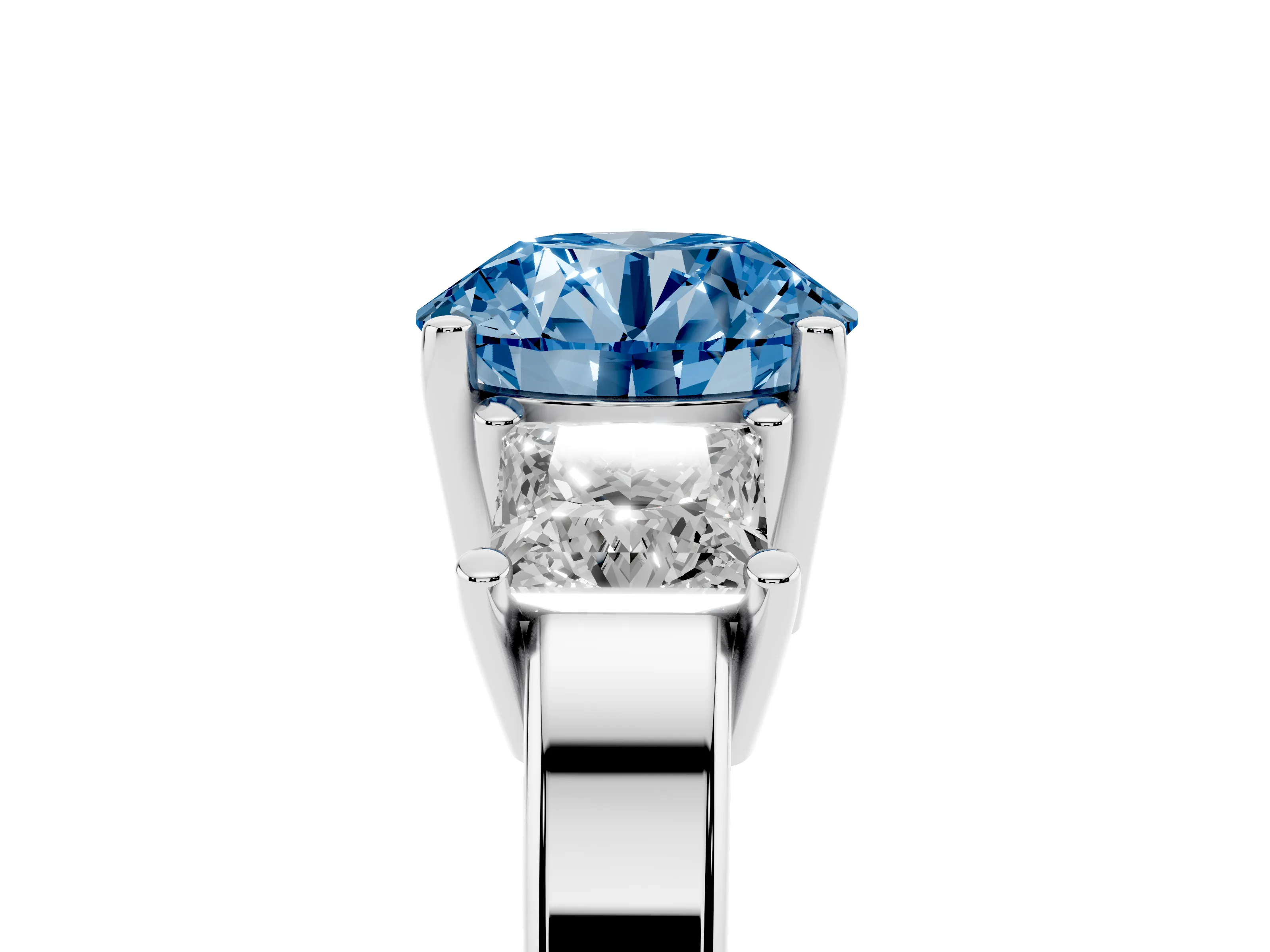 Fancy Blue Three-Stone Round Cut Diamond Solitaire Ring Set in Silver with Prong Setting