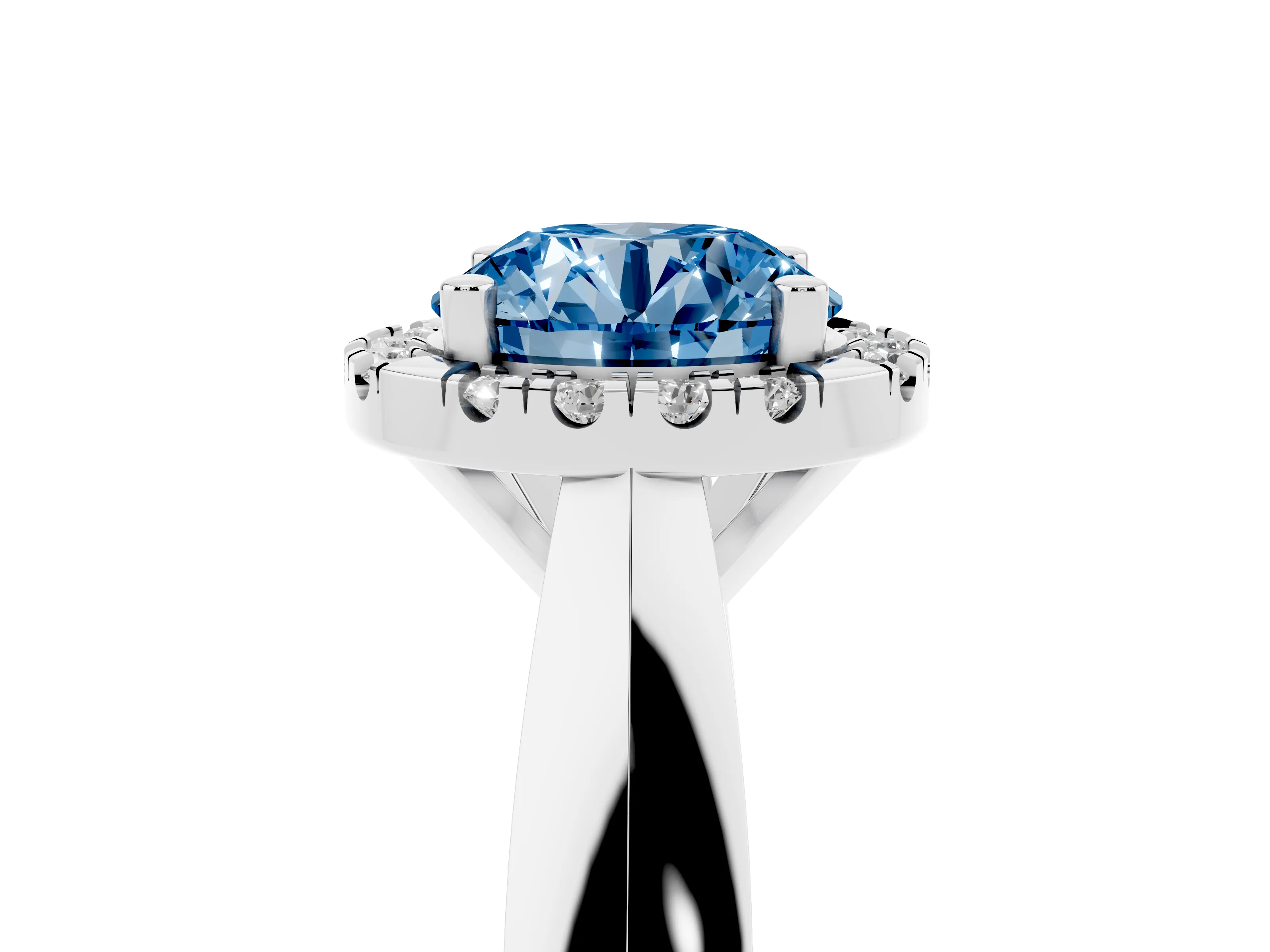 Fancy Blue Round Cut Diamond Halo Solitaire Engagement Ring Set in Platinum with Square Band and Prong Setting