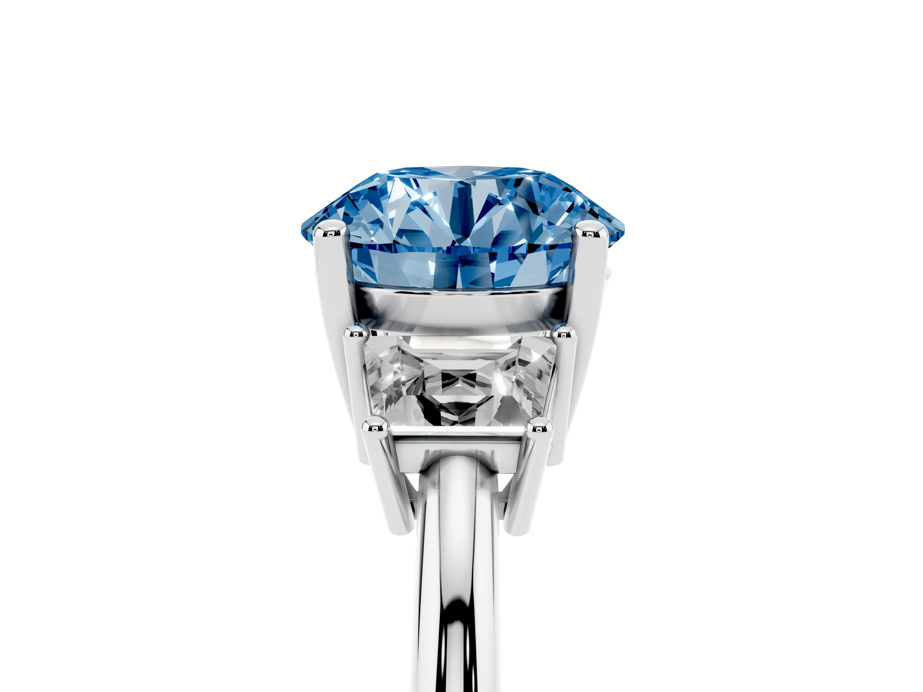 Fancy Blue Round Cut Diamond Three-Stone Ring Set in Silver with Trapezoid Side Stones and Prong Setting