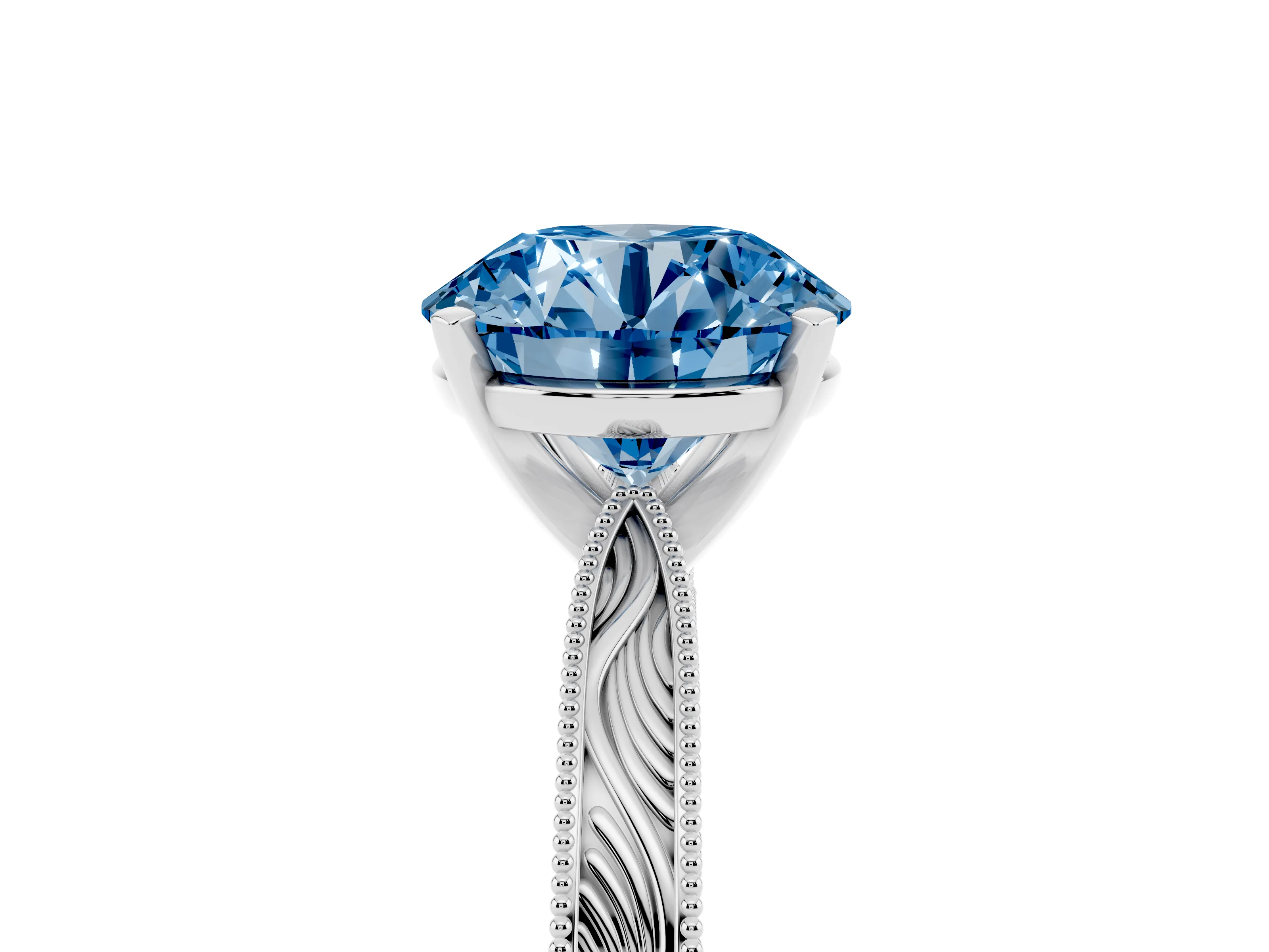 Fancy Blue Round Cut Diamond Solitaire Milgrain Engraved Band Set in Platinum with Prong Setting