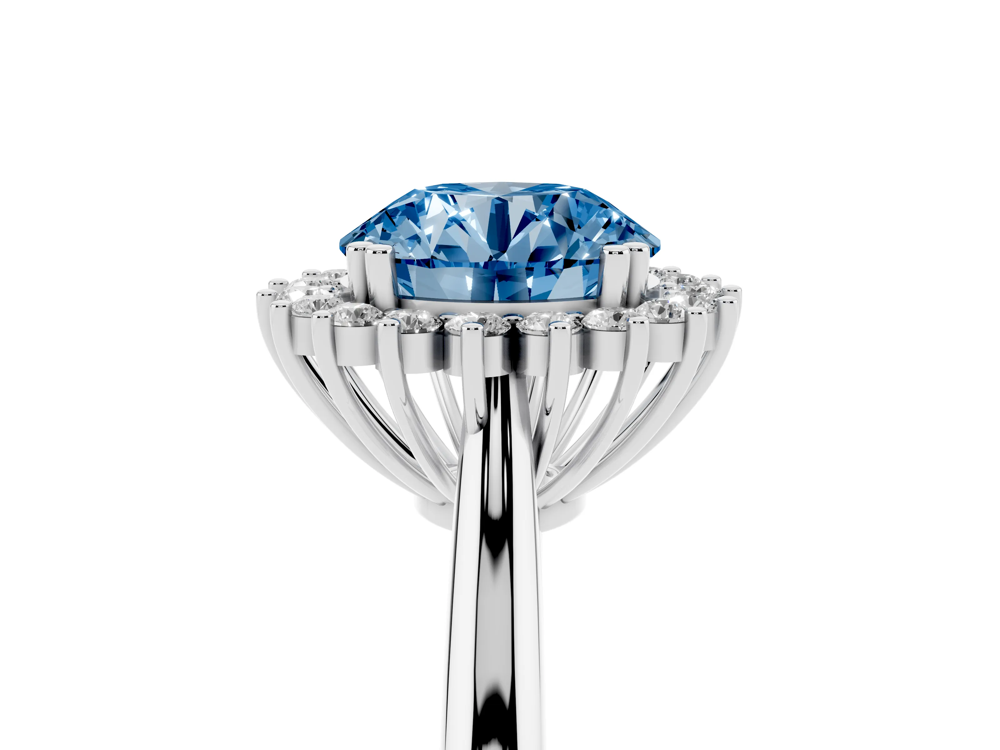 Fancy Blue Round Cut Diamond Halo Ring Set in Platinum with Plain Solitaire Band and Prong Setting