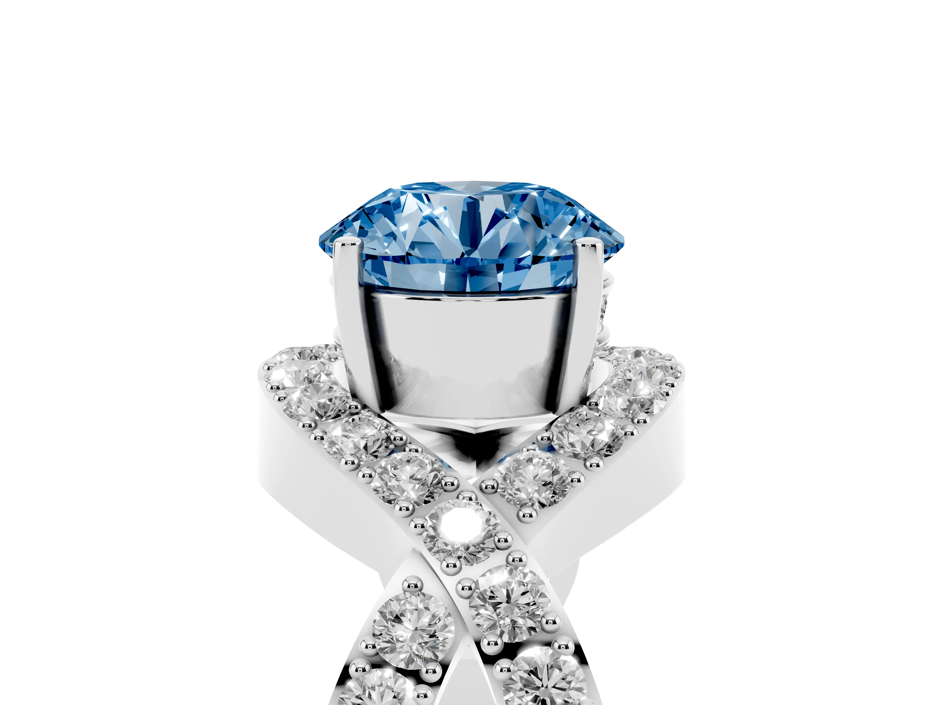 Fancy Blue Round Cut Diamond Solitaire Twist Band Pavé Engagement Ring Set in White gold