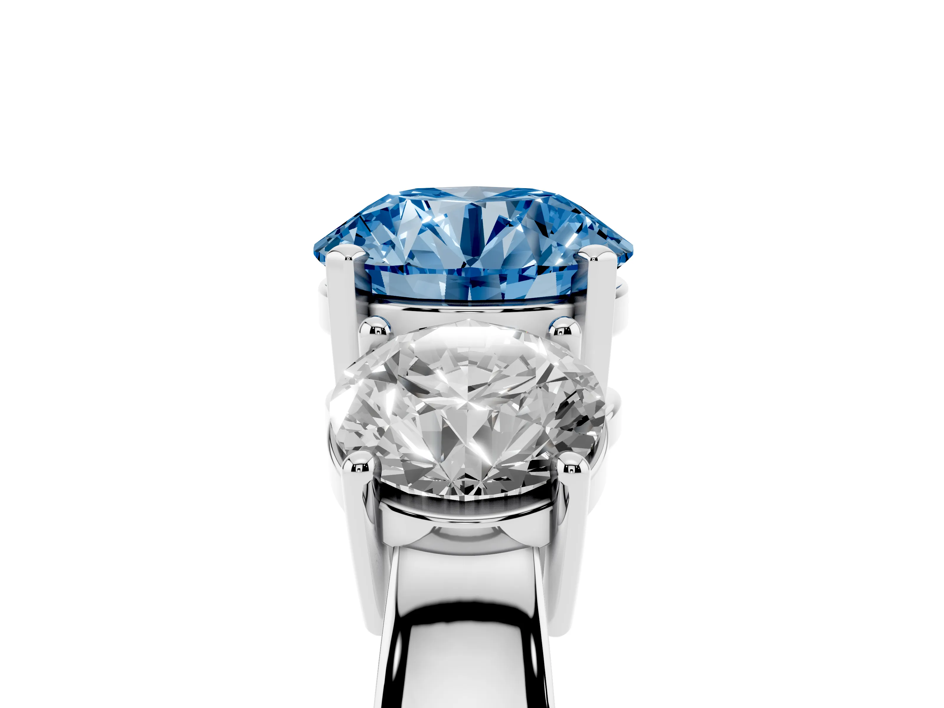 Fancy Blue Round Cut Diamond Three-Stone Ring Set in White gold with Round Side Stones and Classic Band