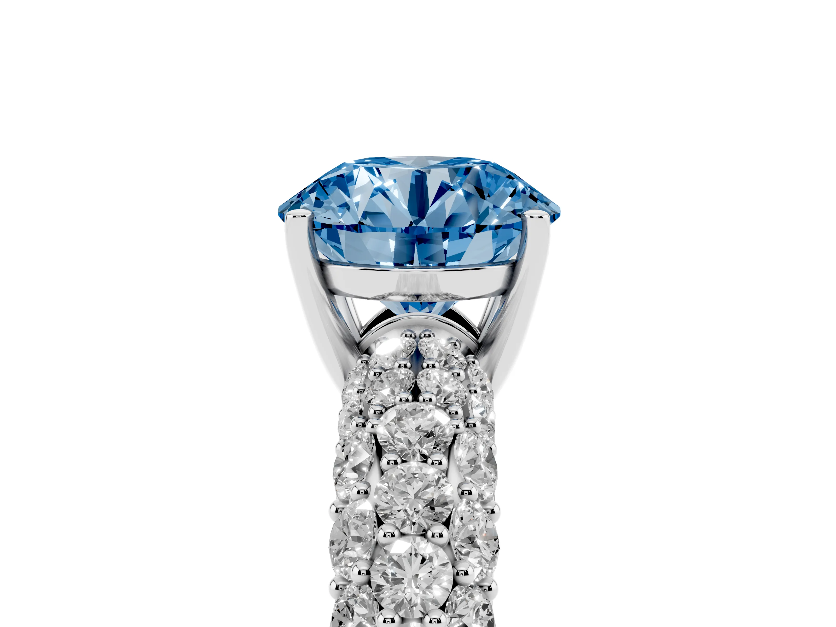 Fancy Blue Round Cut Diamond Pavé Band Solitaire Ring Set in Silver with Close-Set Accent Stones and Prong Setting