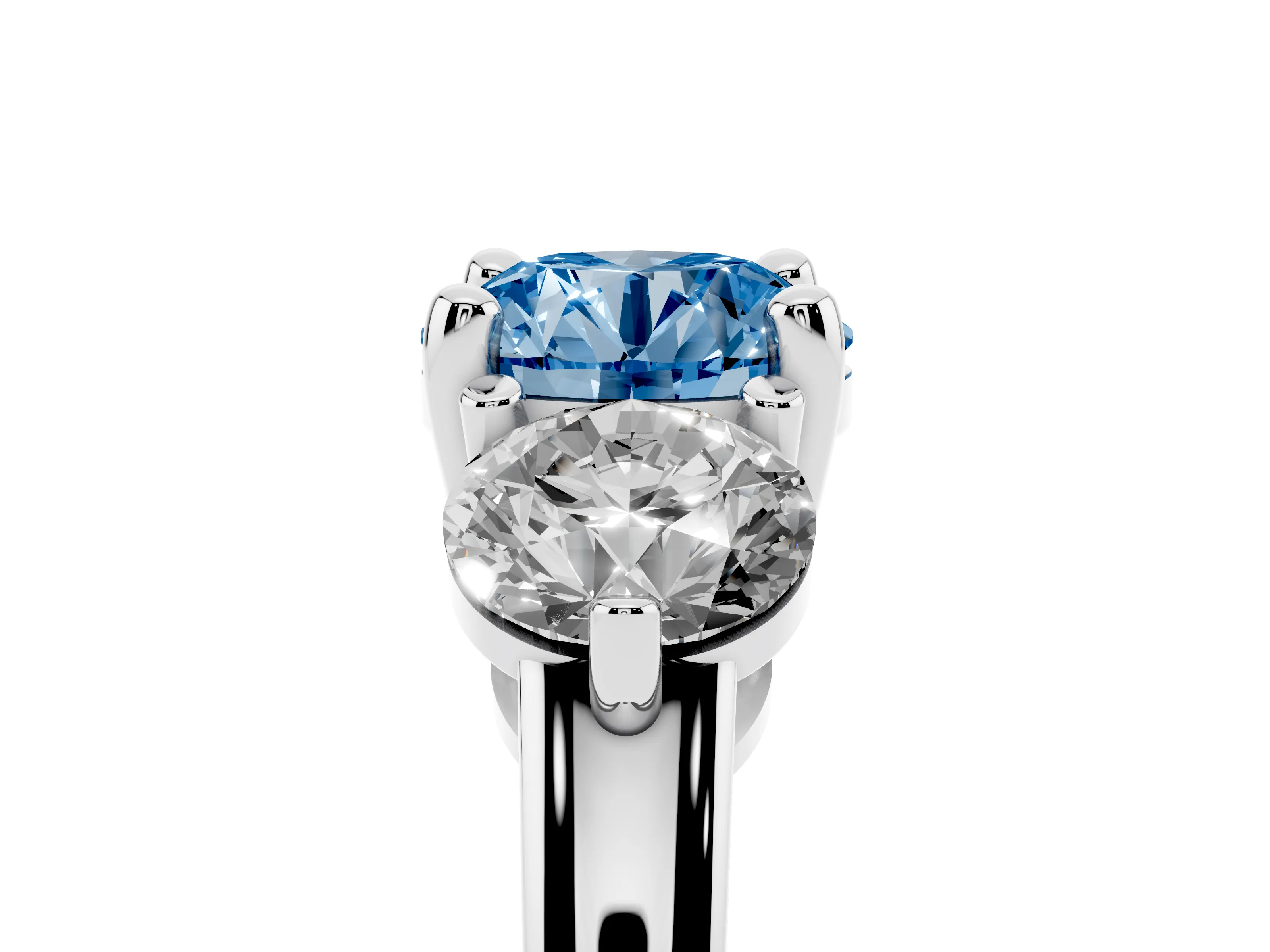 Fancy Blue Round Cut Diamond Three-Stone Ring Set in Platinum with Prong Setting and Classic Band