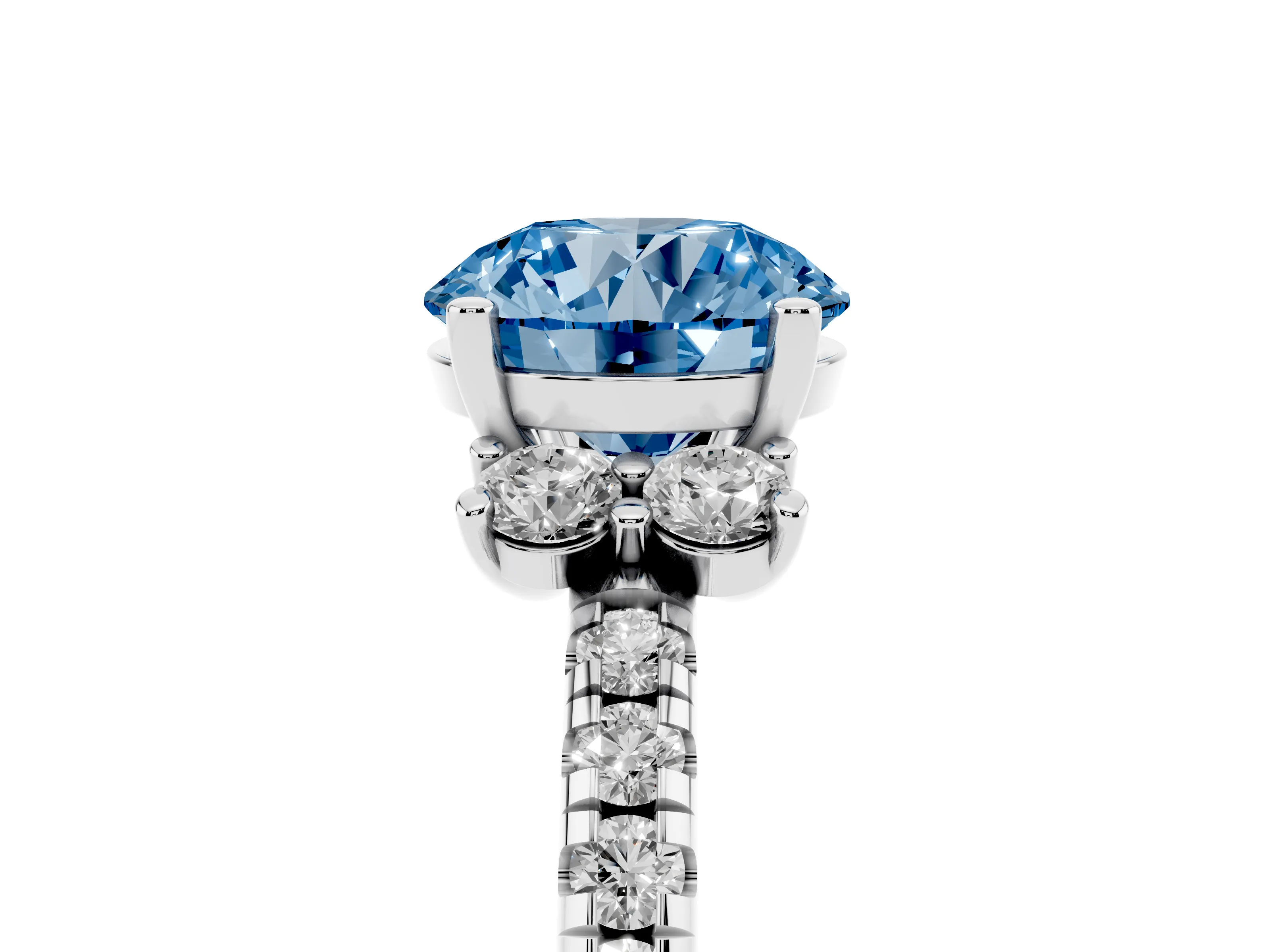 Fancy Blue Round Cut Diamond Three-Stone Pavé Ring Set in White gold with Prong Setting