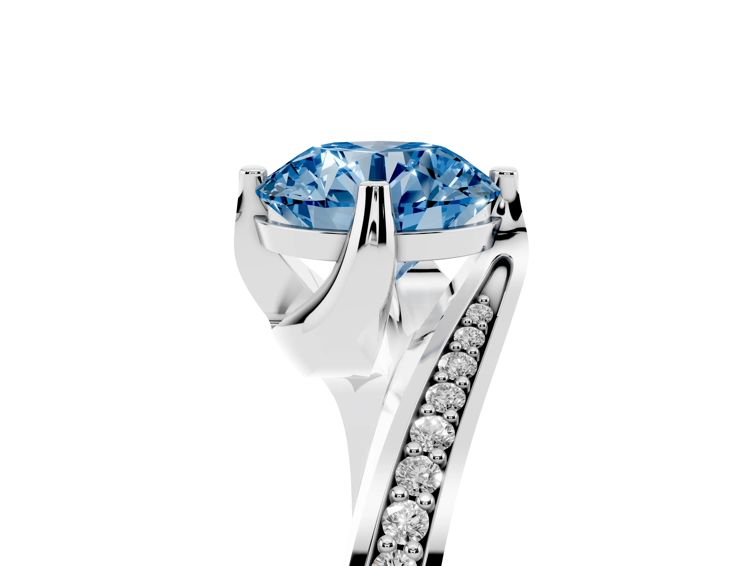 Fancy Blue Round Cut Diamond Solitaire Ring Set in White gold with Intertwined Pavé Twist Band