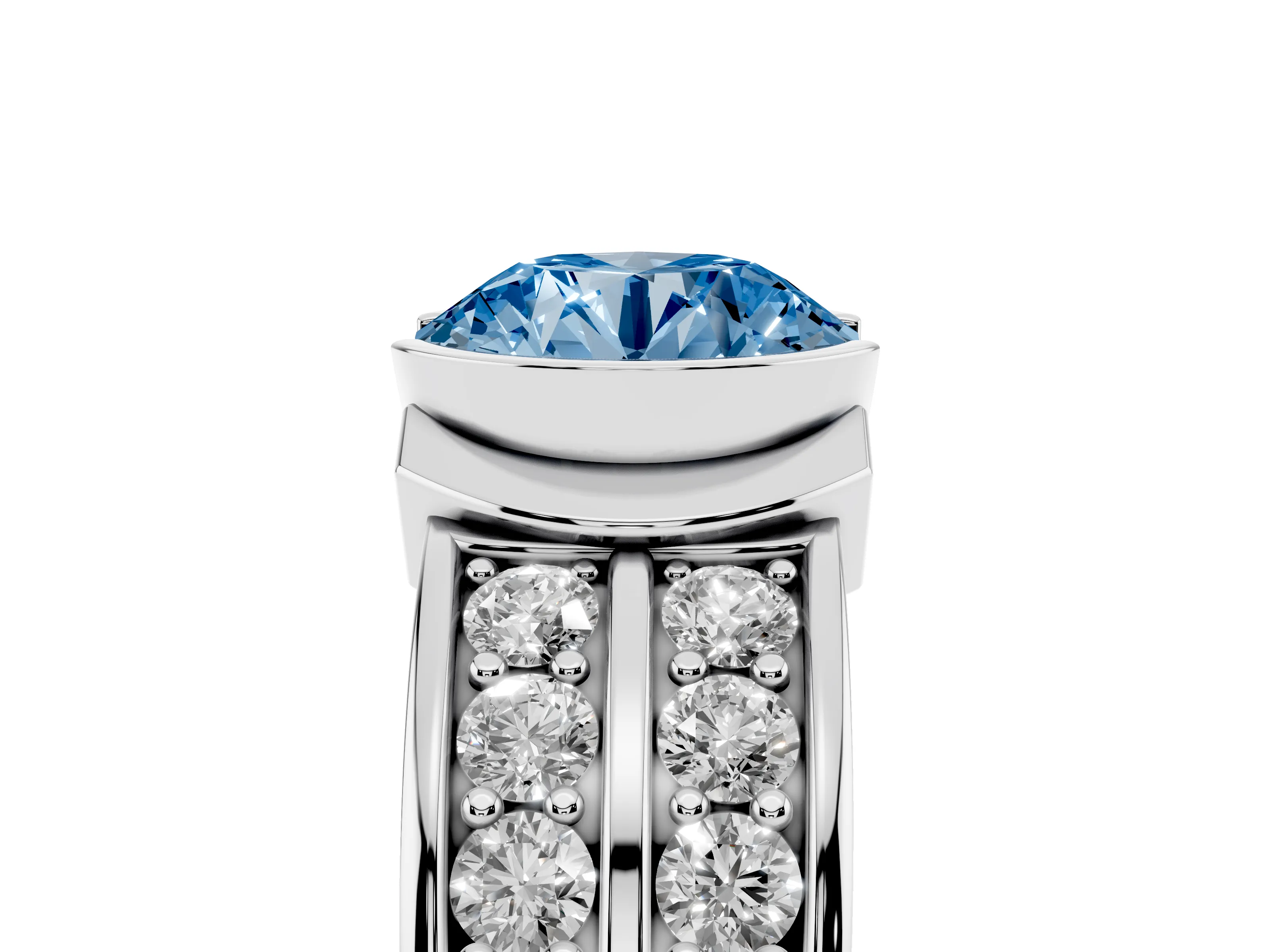 Fancy Blue Round Cut Diamond Wide Channel Set Band Ring Set in White gold with Bezel Setting