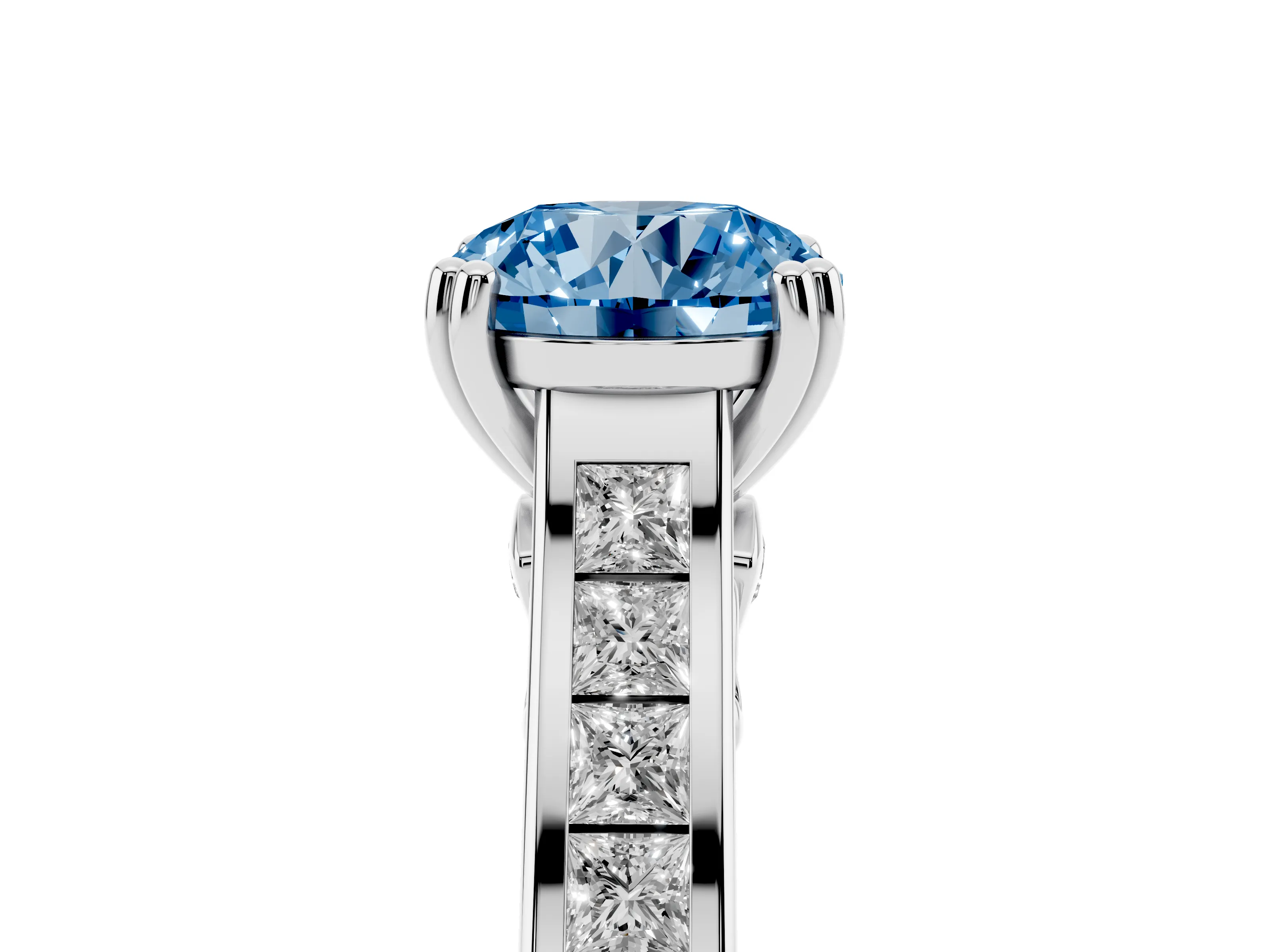 Fancy Blue Round Cut Diamond Channel Set Solitaire Engagement Ring Set in Platinum with Prong Setting