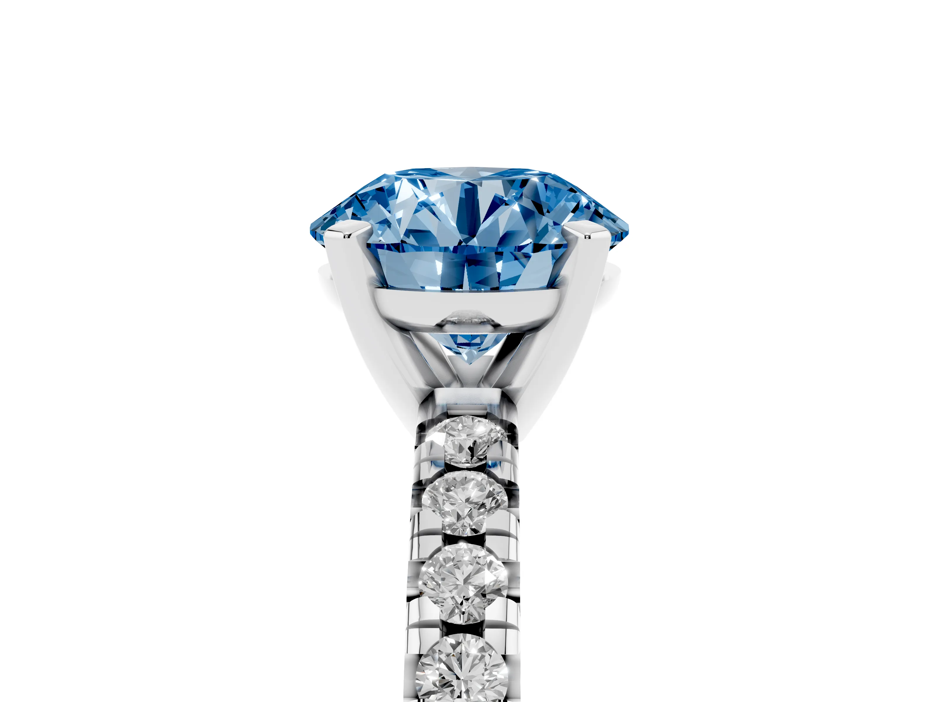 Fancy Blue Round Cut Diamond Solitaire Pavé Engagement Ring Set in Silver with Round Band and Prong Setting
