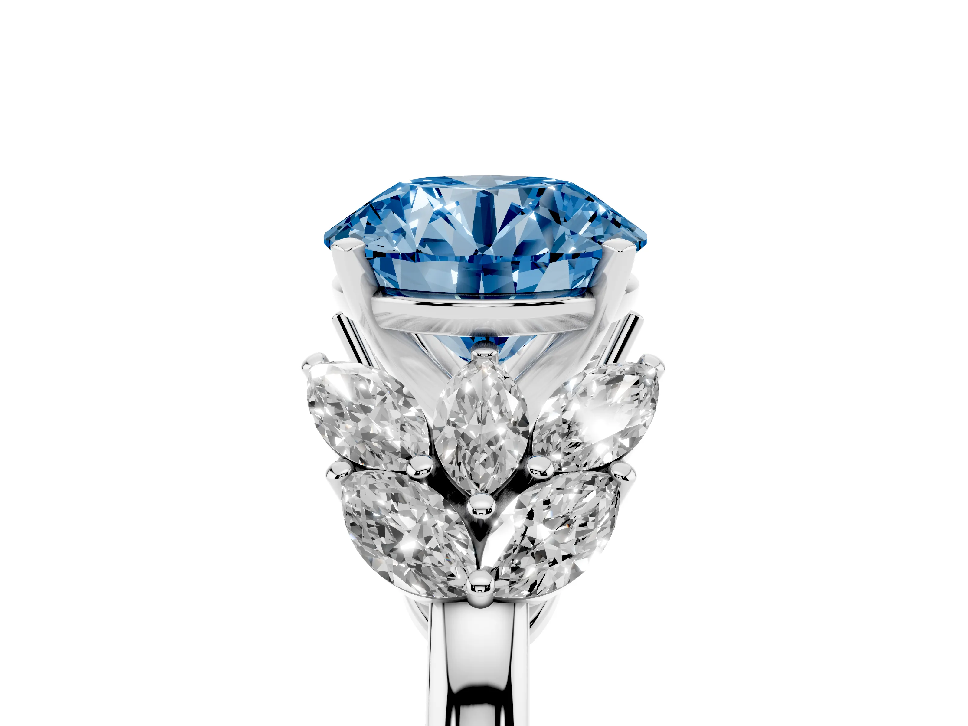 Fancy Blue Round Cut Diamond Cluster Leaf Design Ring Set in Silver with Prong Setting