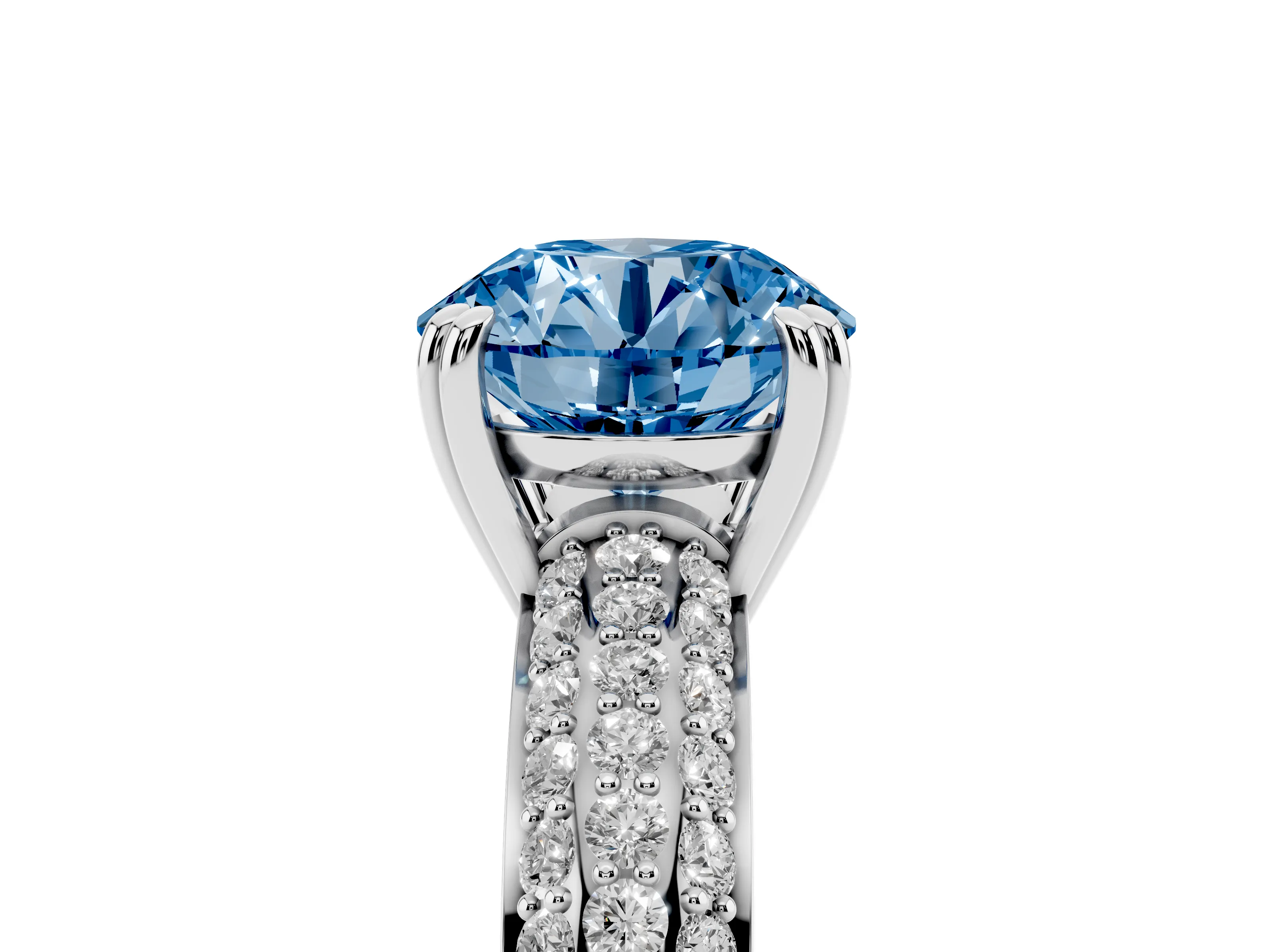 Fancy Blue Round Cut Diamond Solitaire Ring Set in Platinum with Multi-Row Round Pavé Band and Prong Setting