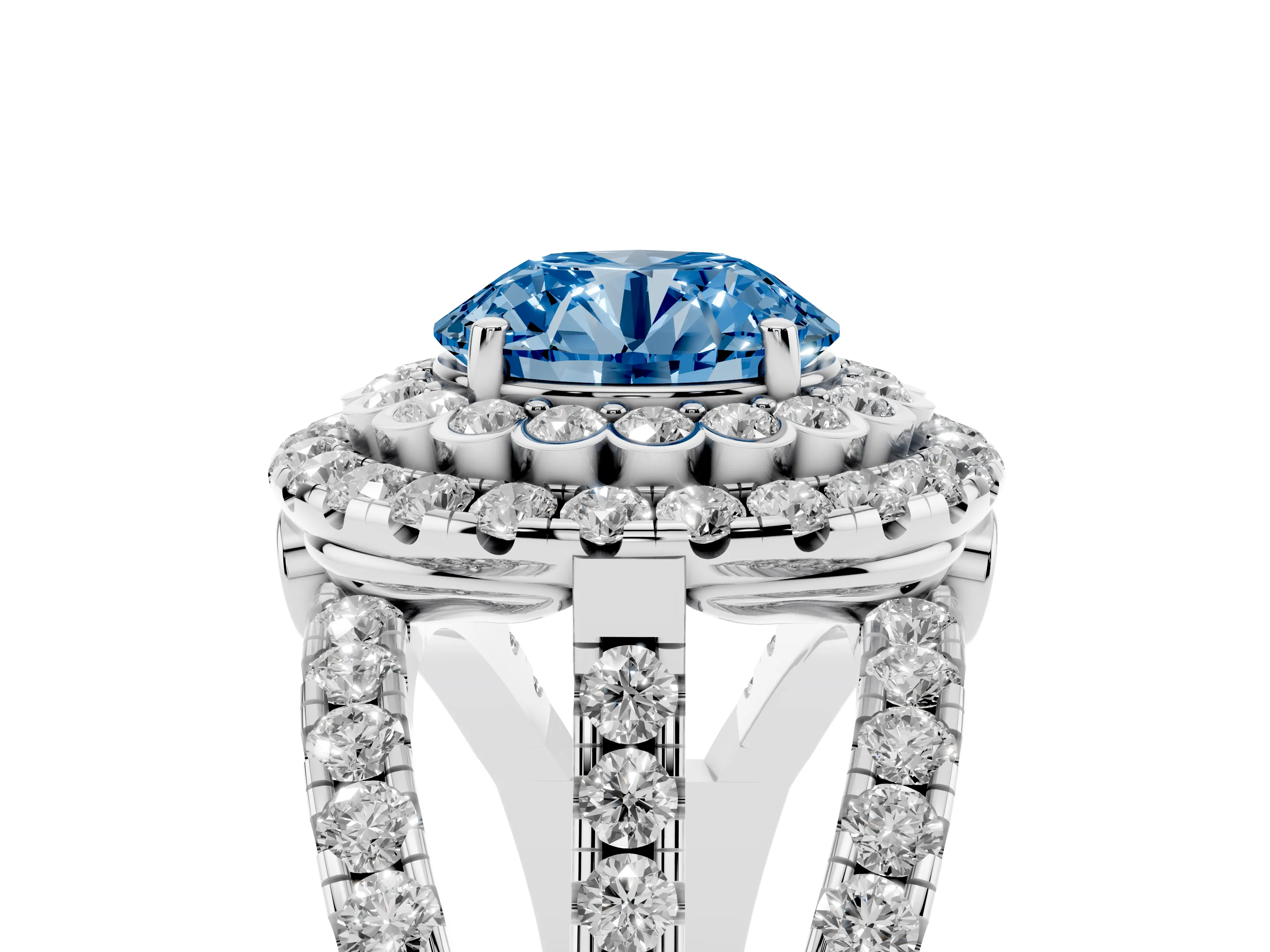 Fancy Blue Round Cut Diamond Double Halo Ring Set in White gold with Round Pavé Split Shank