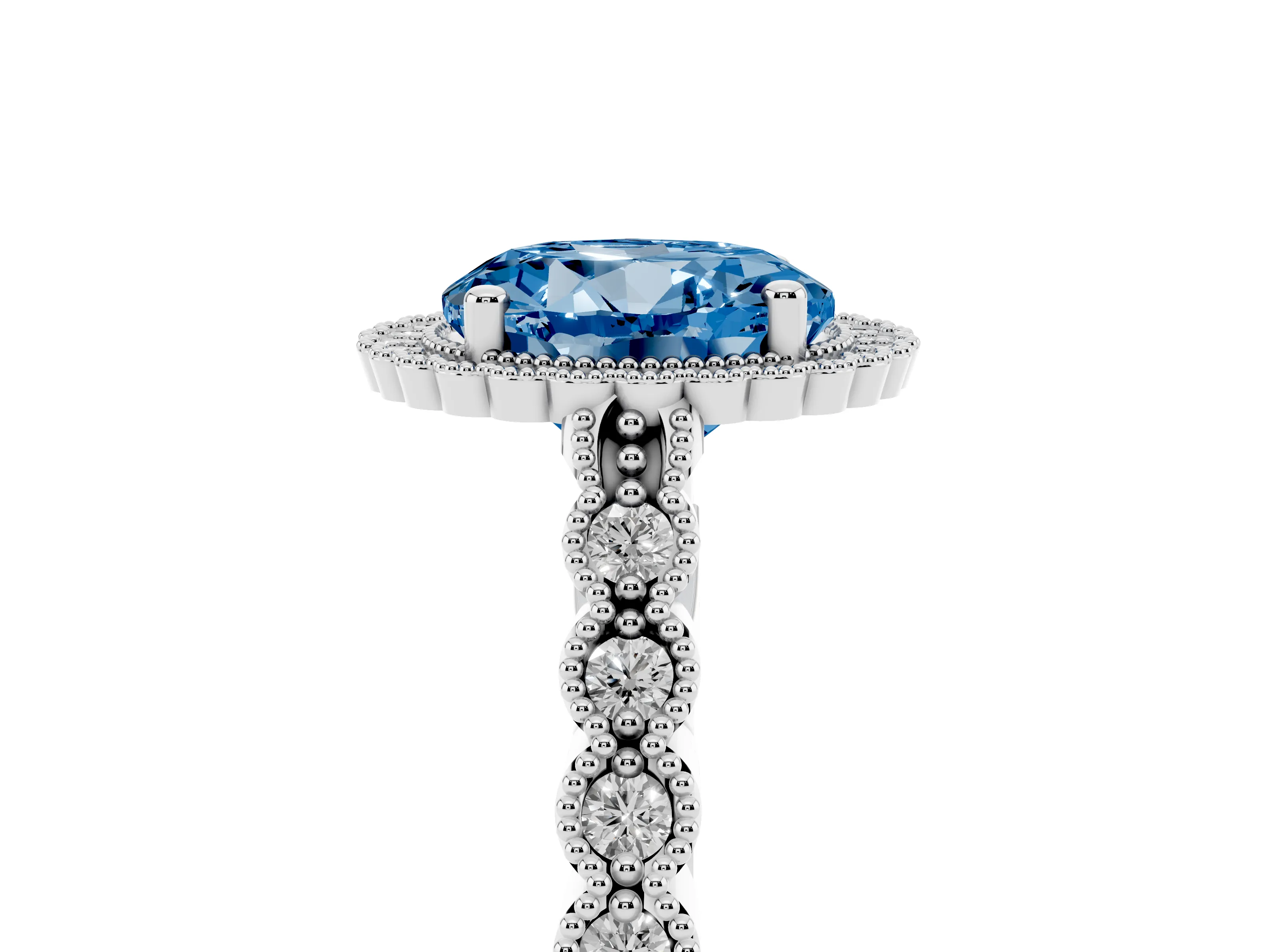 Fancy Blue Round Cut Diamond Halo Ring Set in Platinum with Pavé Milgrain Band
