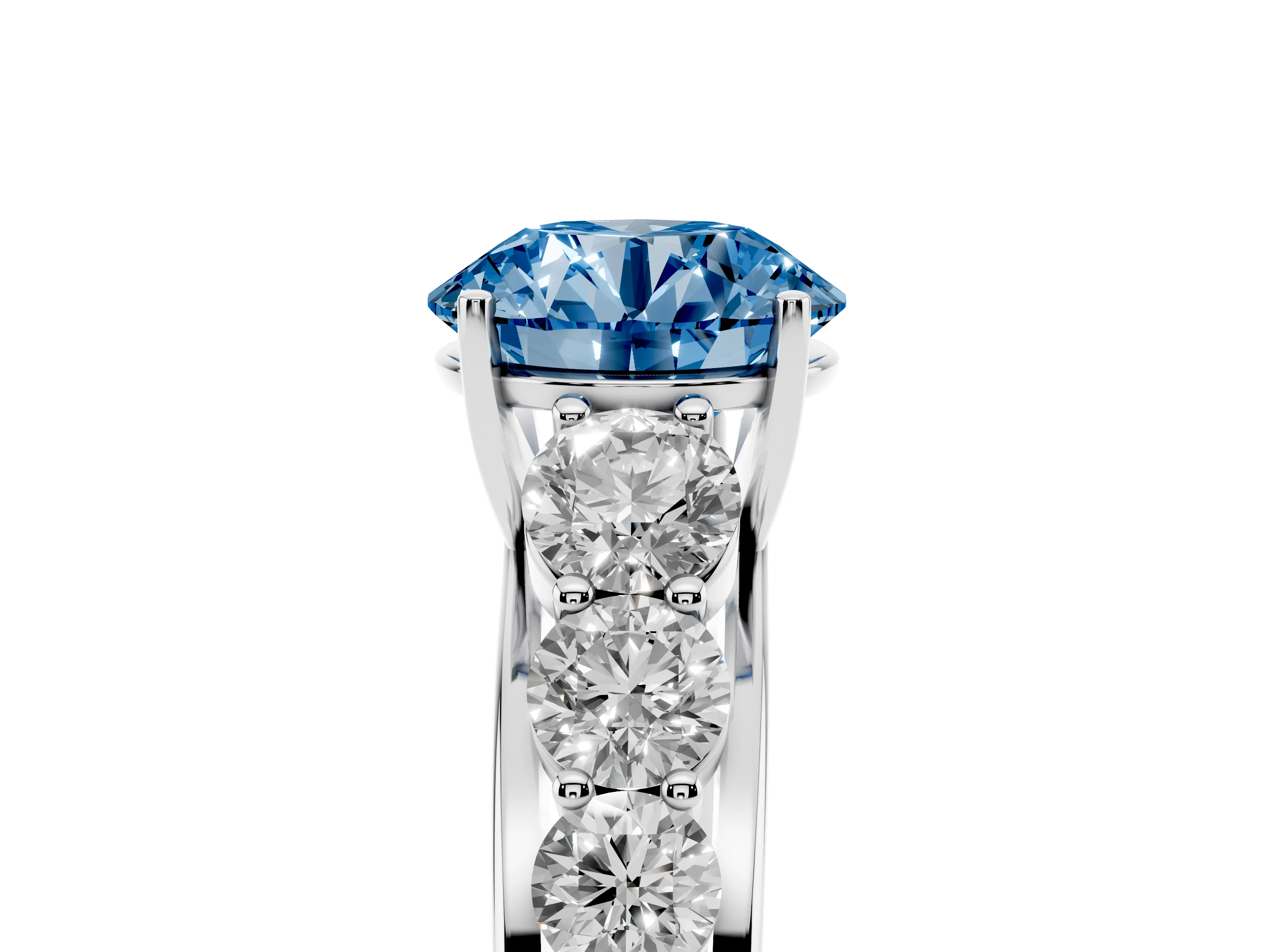 Fancy Blue Round Cut Diamond Solitaire Ring Set in Silver with Pavé-Set Band and Prong Setting