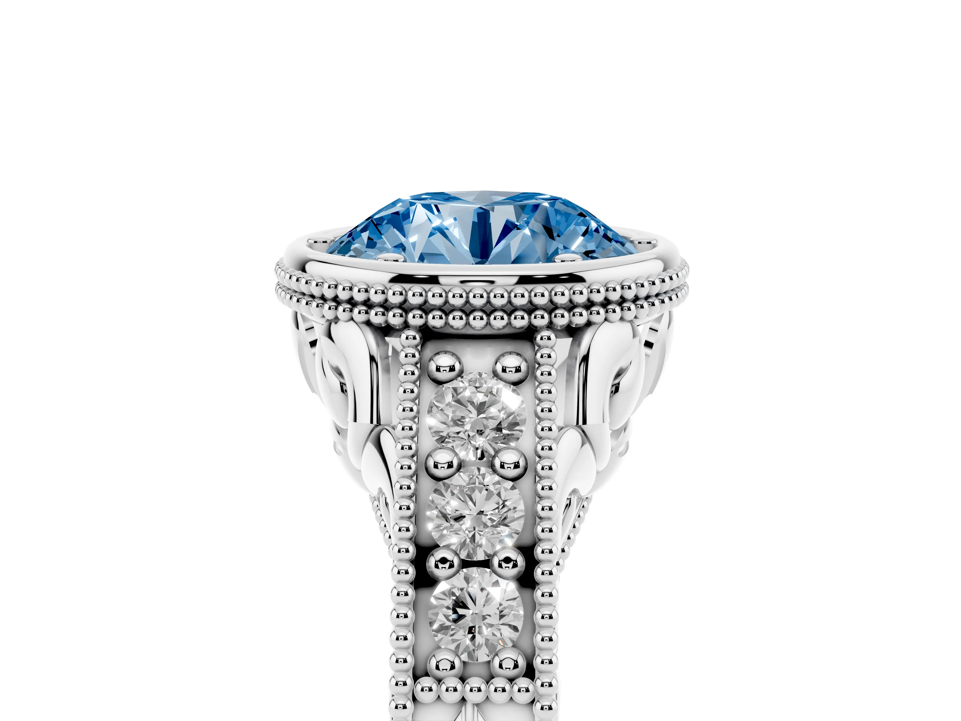 Fancy Blue Bezel Set Round Cut Diamond Milgrain Pavé Engagement Ring Set in Silver
