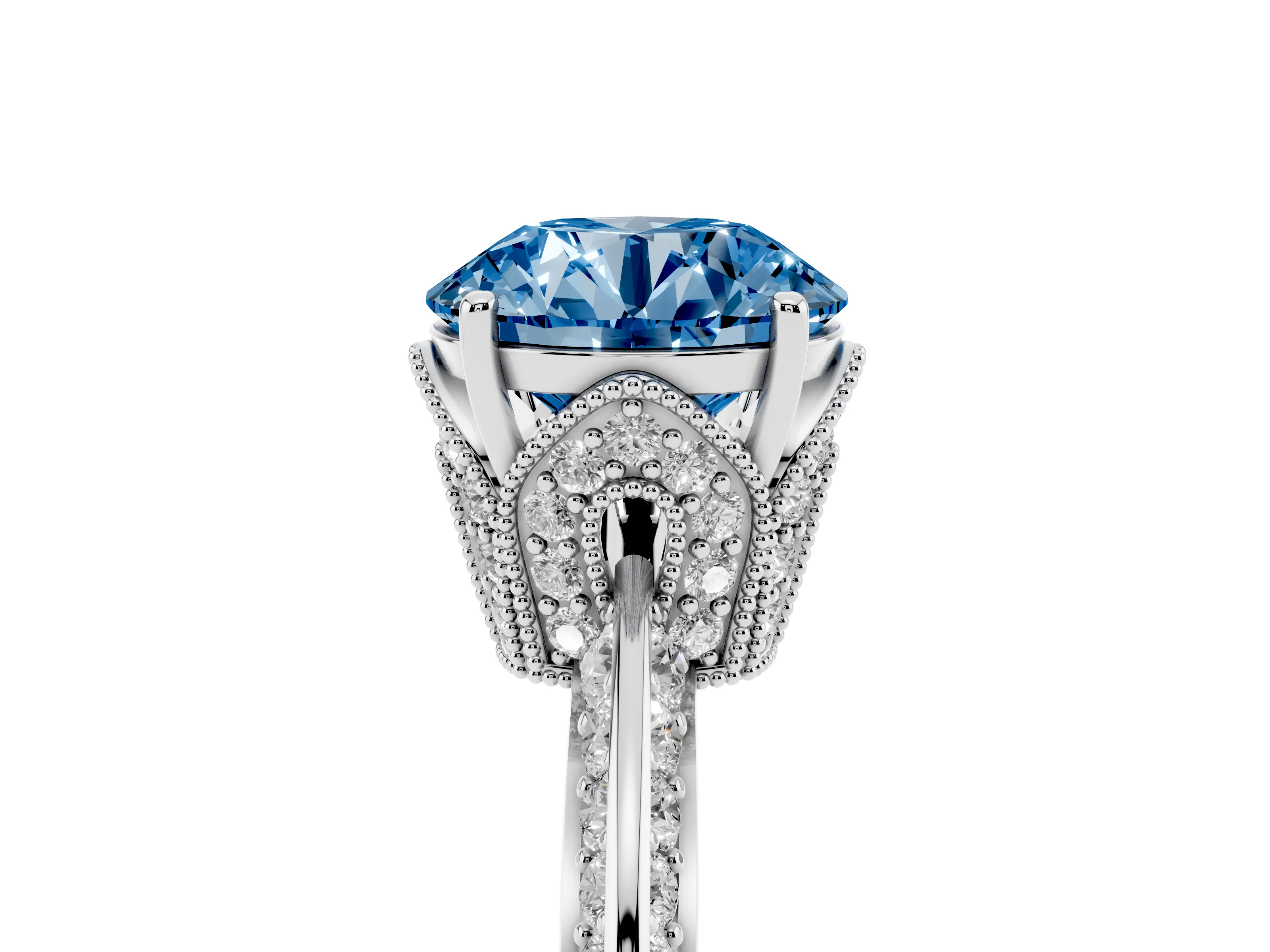 Fancy Blue Round Cut Diamond Solitaire Engagement Ring Set in Silver with Pavé Split Shank and Prong Setting