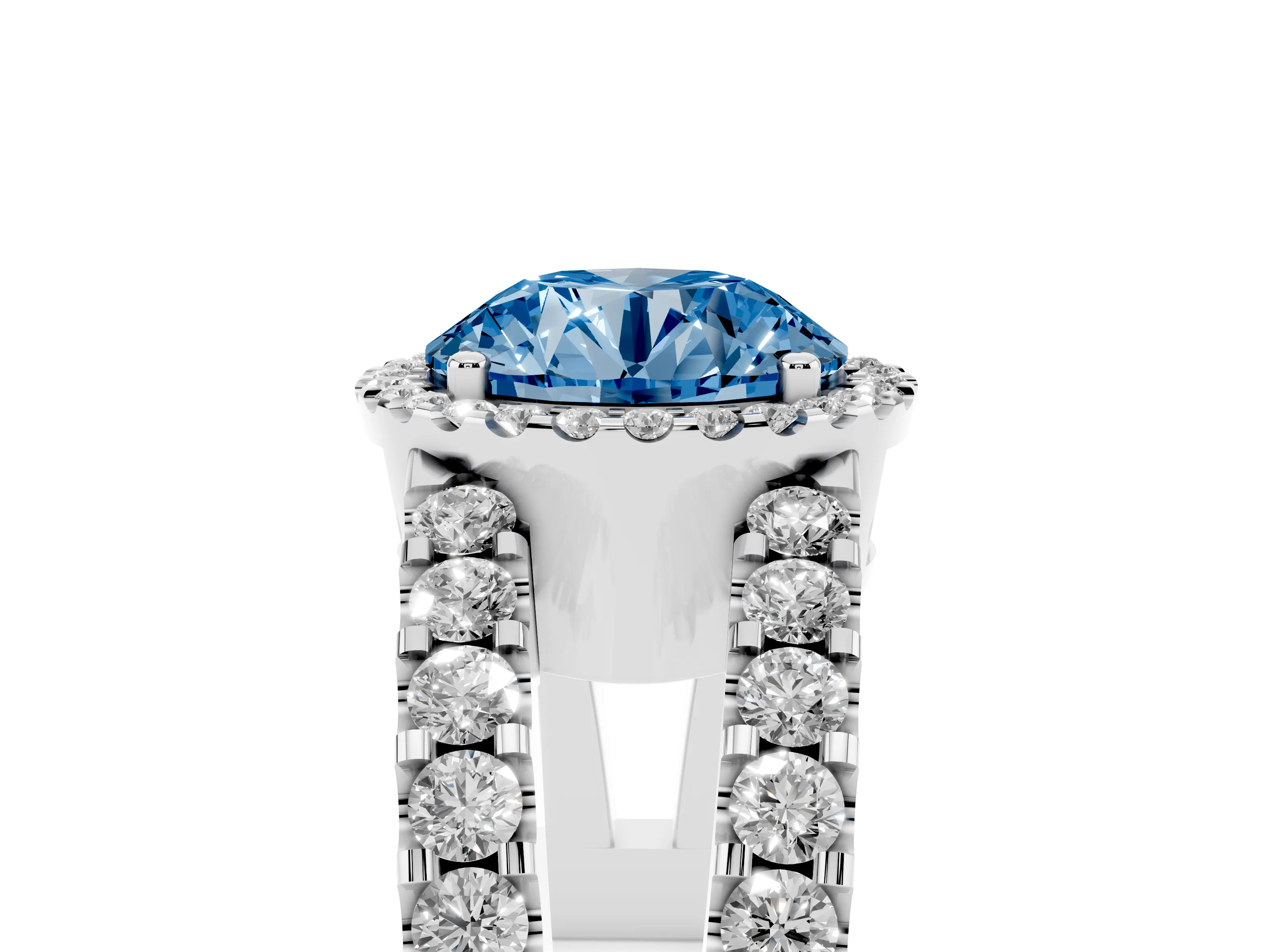 Fancy Blue Round Cut Diamond Halo Ring Set in Silver with Pavé Split Shank and Prong Setting