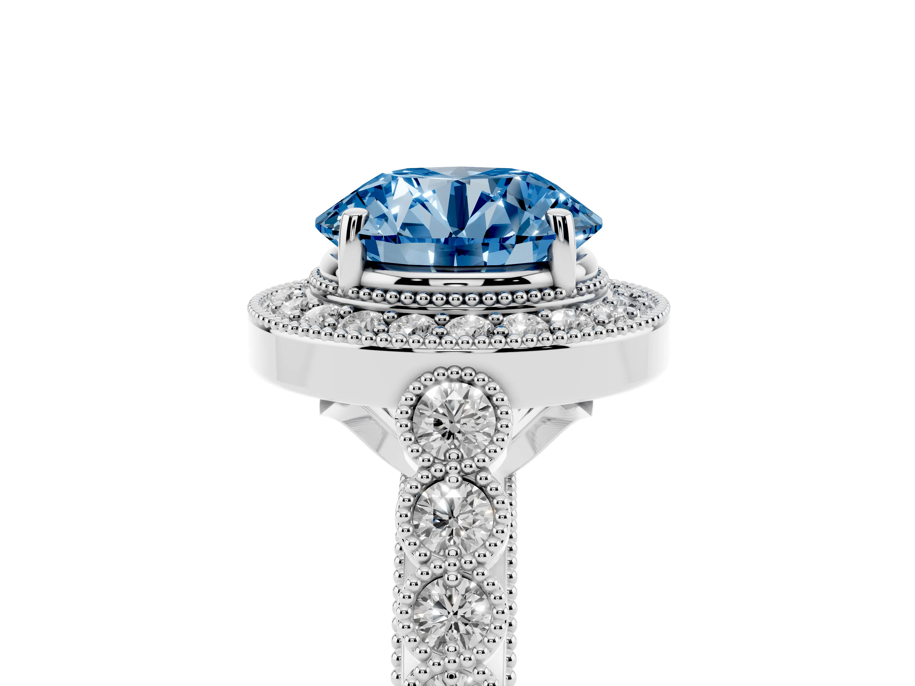 Fancy Blue Round Cut Diamond Milgrain Halo Solitaire Ring Set in White gold with Bezel Set Side Stones and Pavé Band