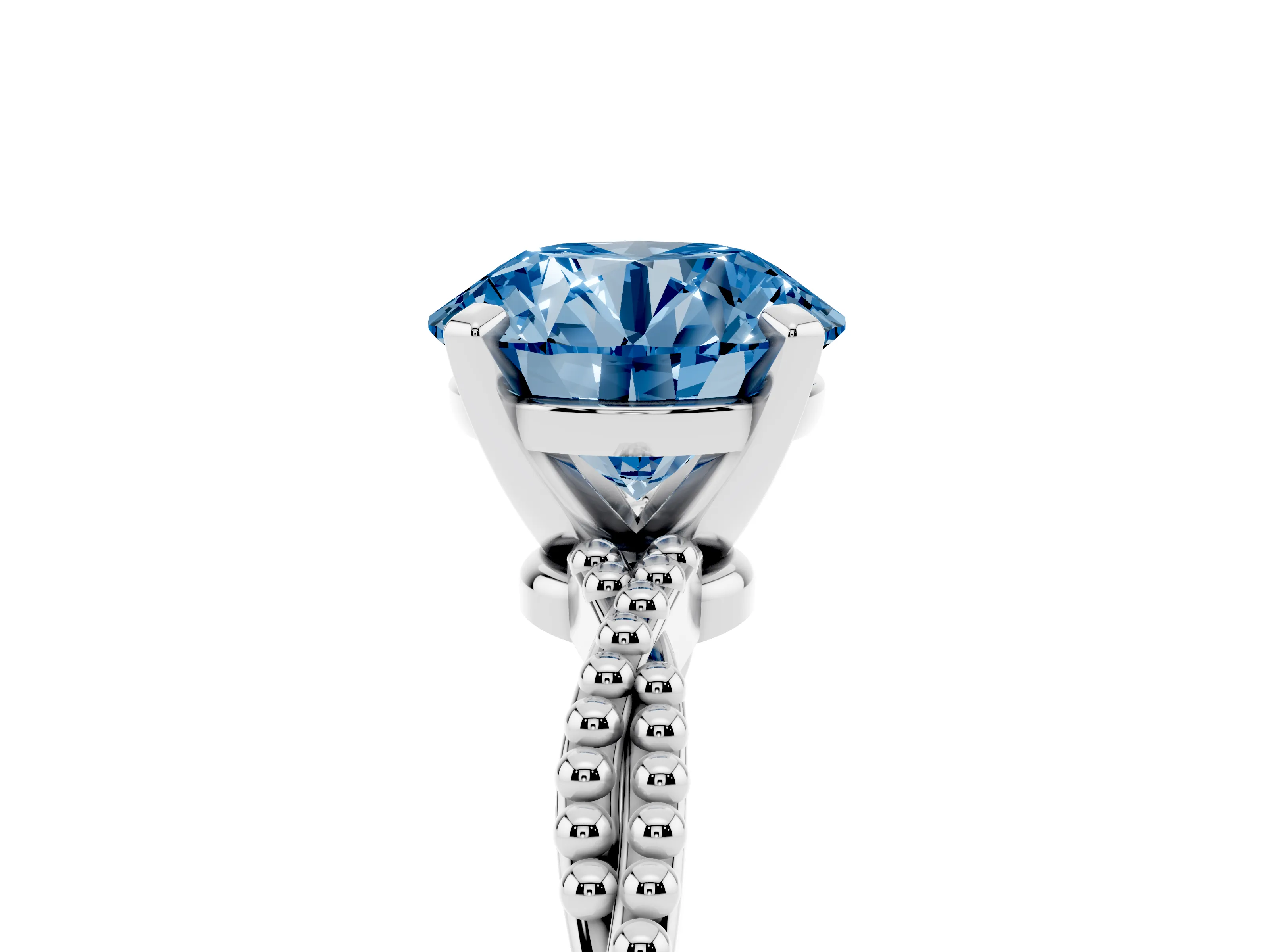 Fancy Blue Round Cut Diamond Solitaire Ring Set in Platinum with Twisted Band and Bead Prong Setting