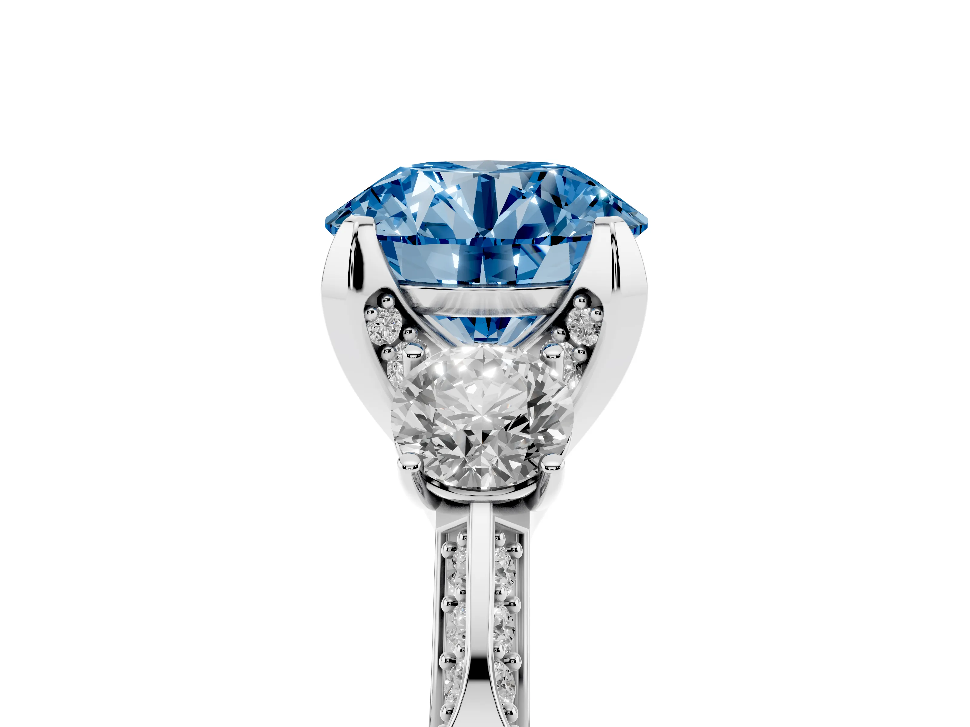 Fancy Blue Round Cut Diamond Three-Stone Ring Set in Silver with Pavé Band and Smaller Side Stones