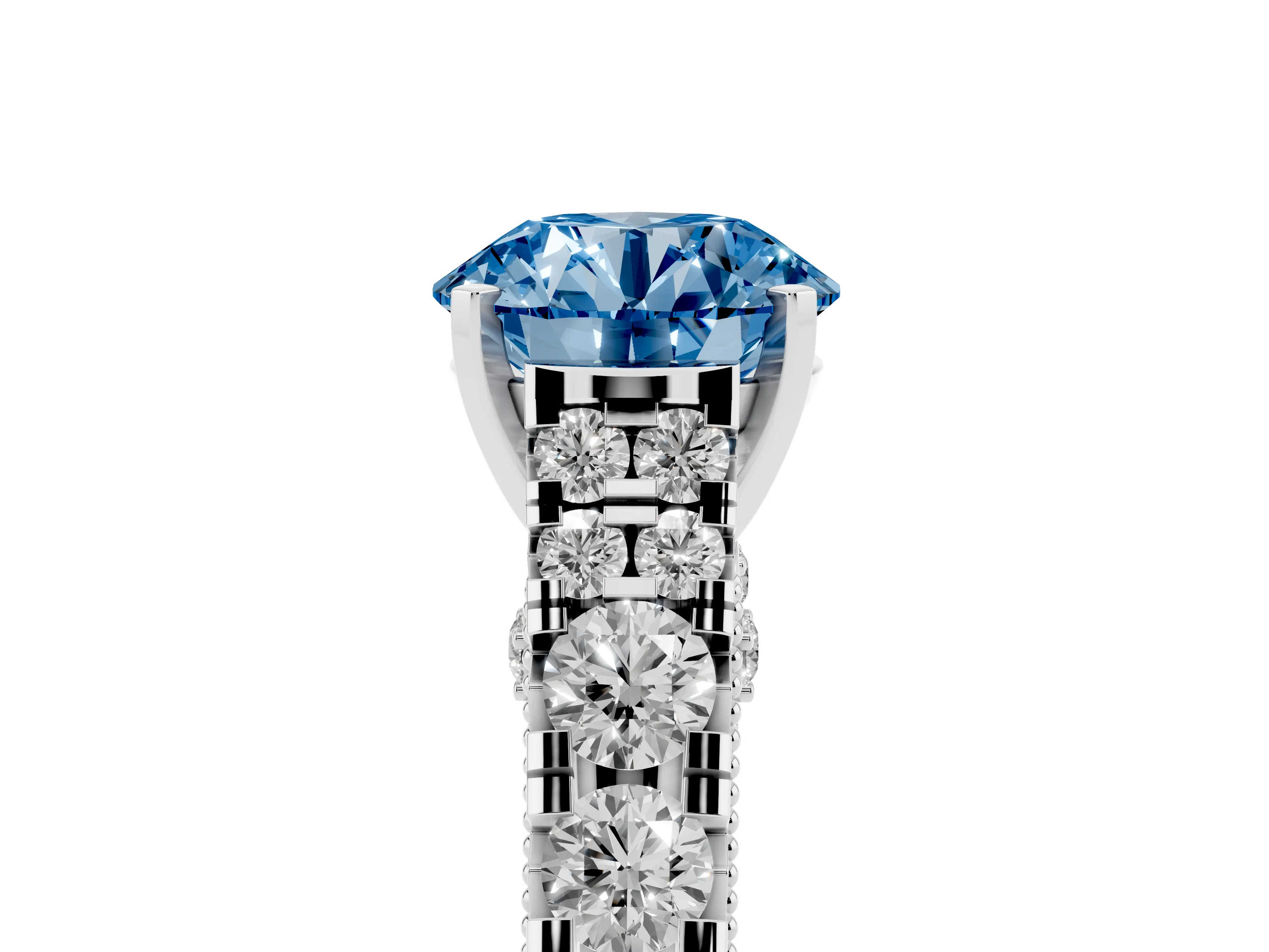 Fancy Blue Round Cut Diamond Classic Solitaire Ring Set in Platinum with Pavé Band and Prong Setting