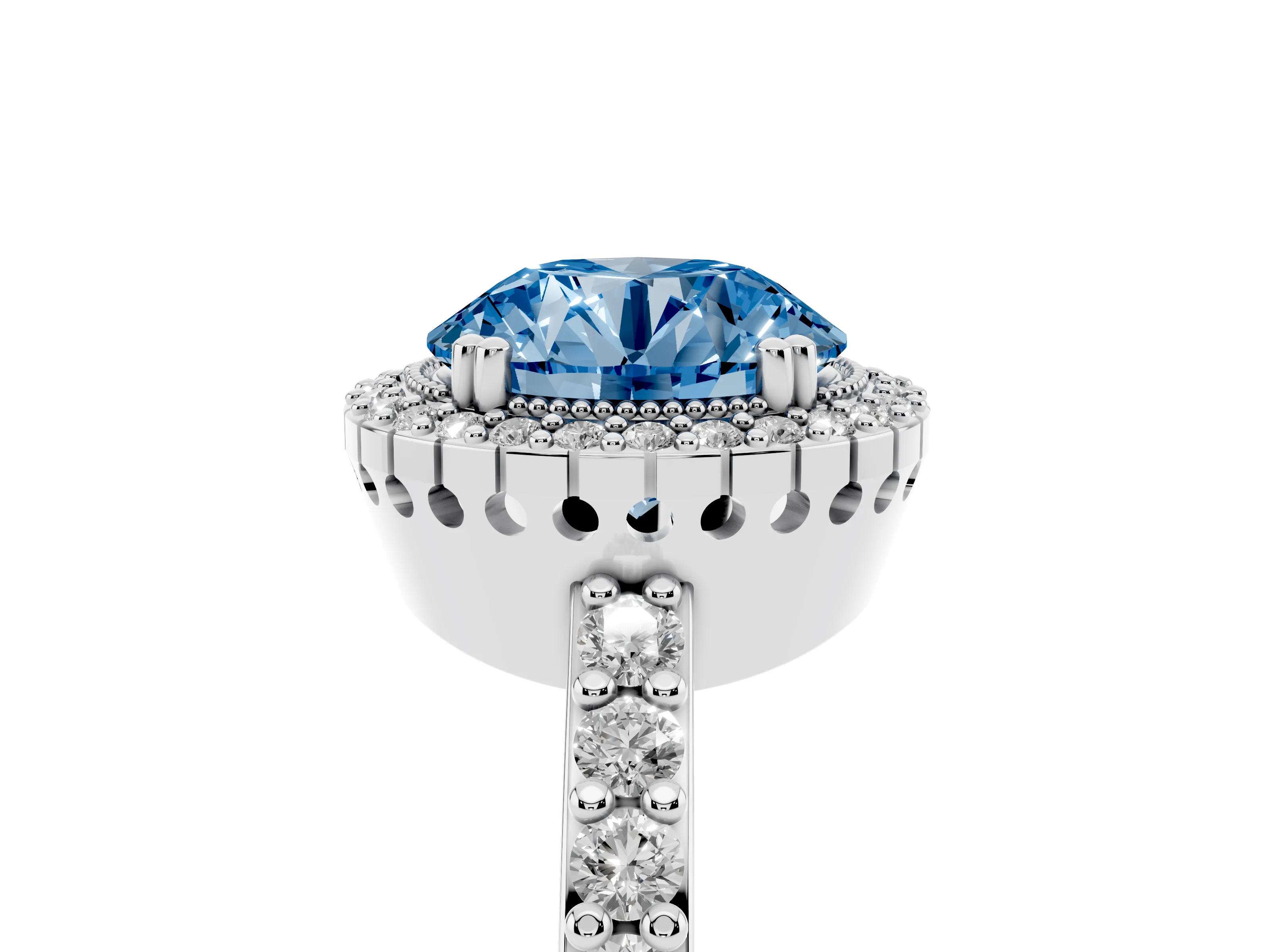 Fancy Blue Round Cut Diamond Halo Engagement Ring Set in Silver with Milgrain Detail and Pavé Band