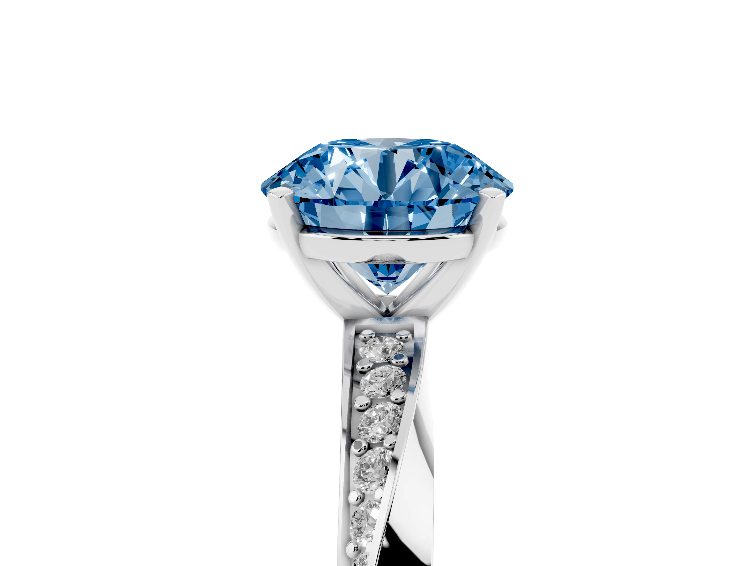 Fancy Blue Round Cut Diamond Engagement Ring Set in Platinum with Side Stone Accents and Prong Setting