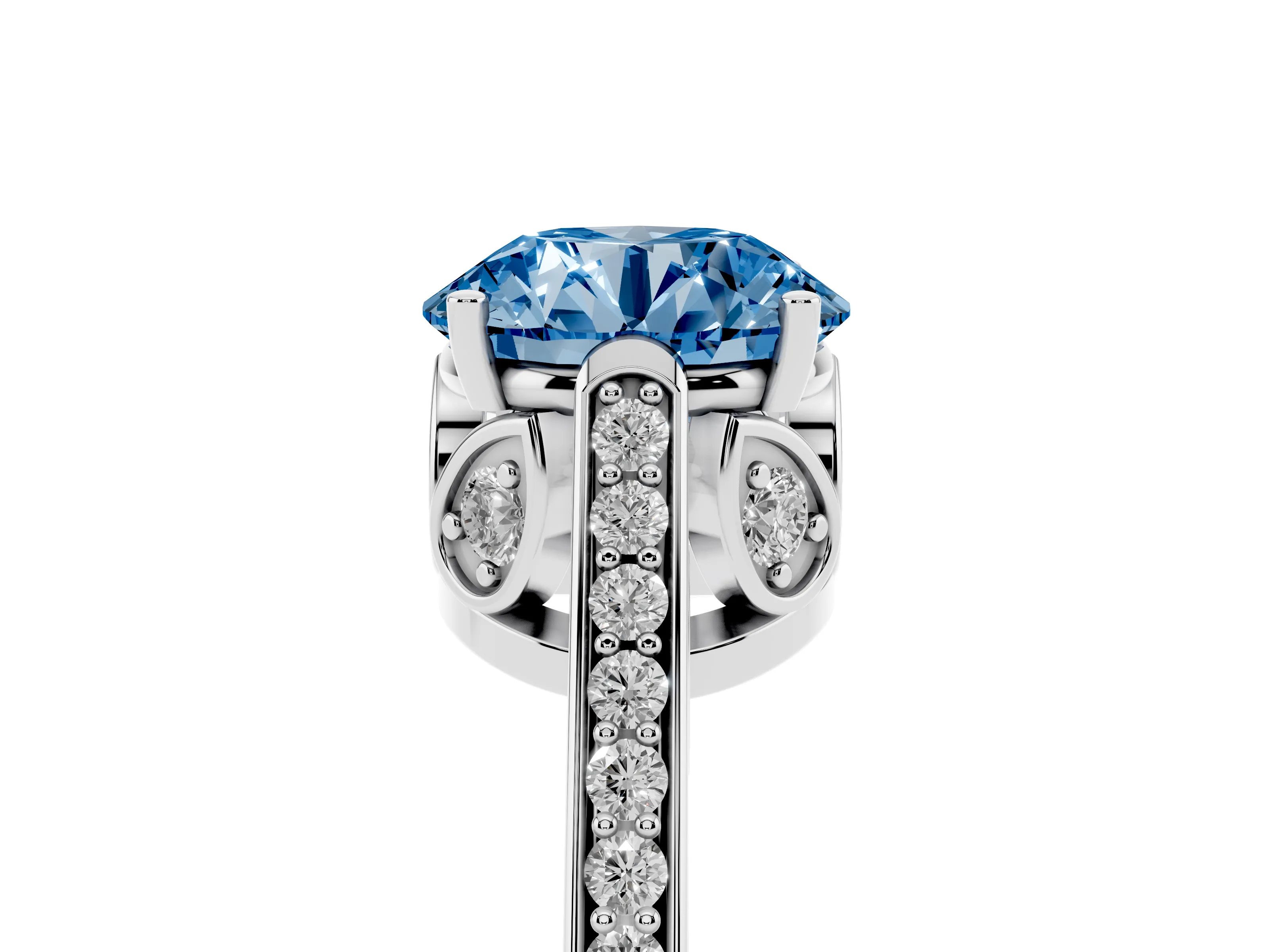 Fancy Blue Round Cut Diamond Cathedral Pavé Engagement Ring Set in Silver with Prong Setting