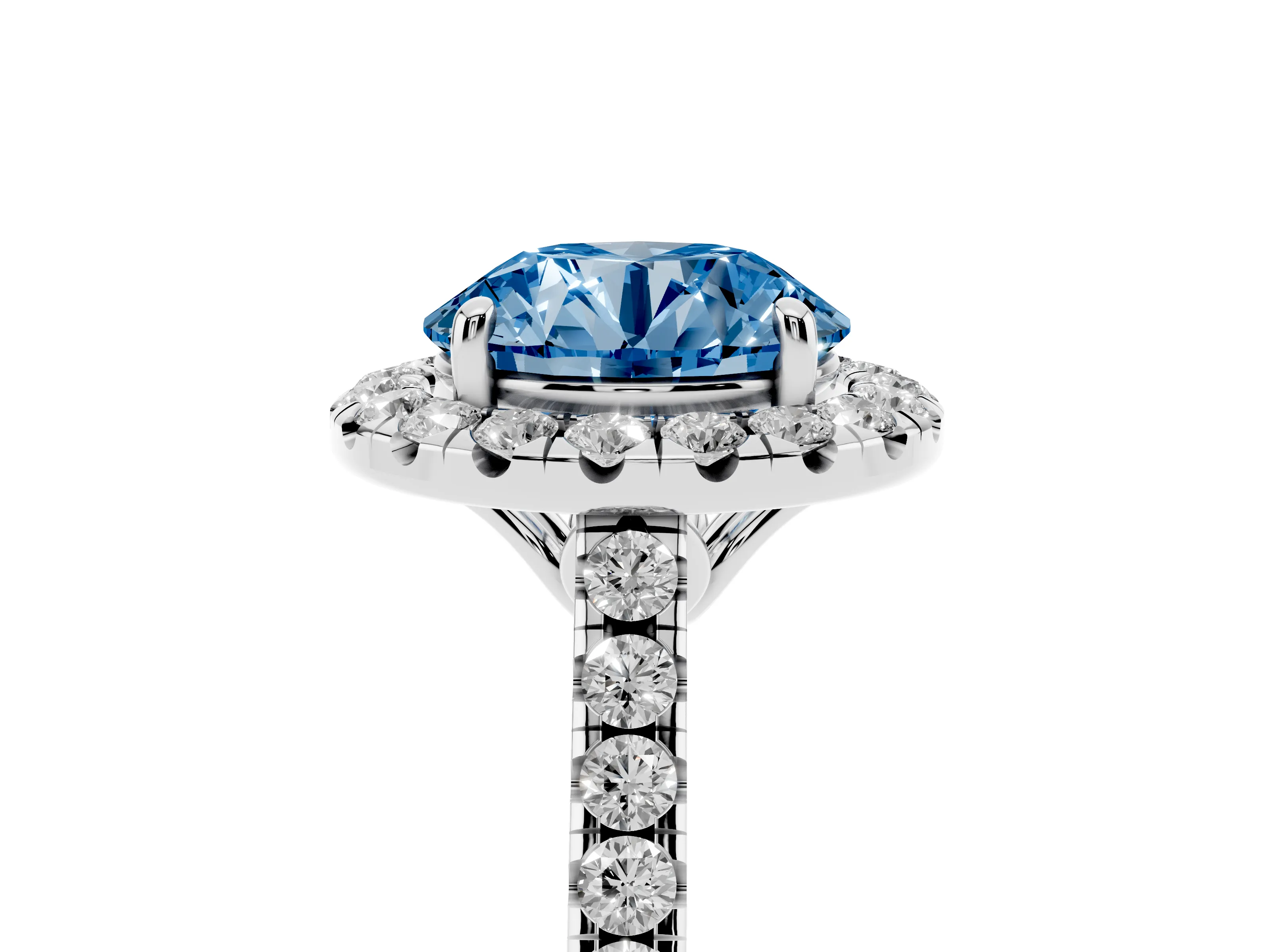 Fancy Blue Round Cut Diamond Pavé Halo Engagement Ring Set in Silver with Pavé Band and Prong Setting