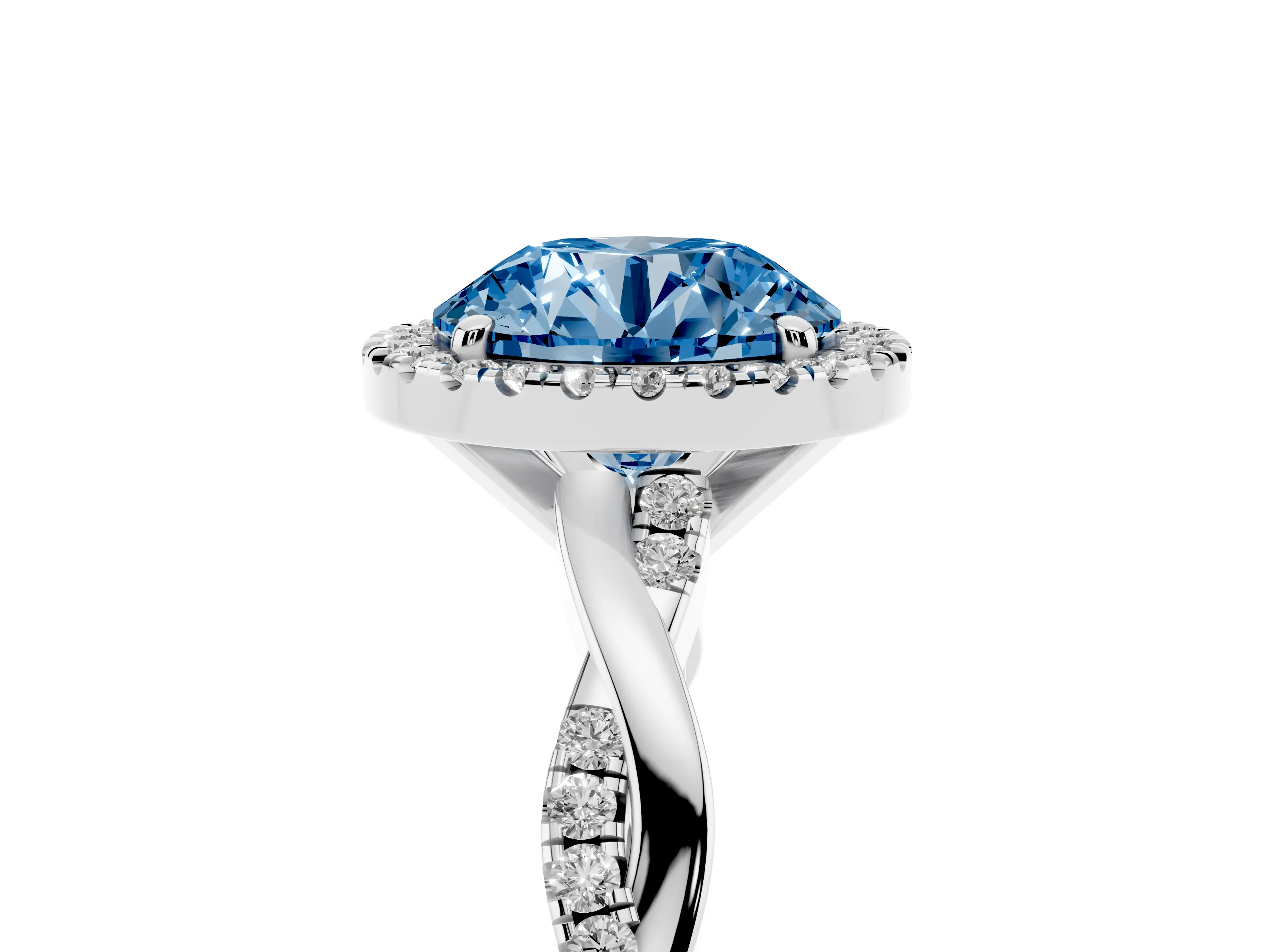 Fancy Blue Round Cut Diamond Halo Twisted Band Ring Set in White gold with Prong Setting