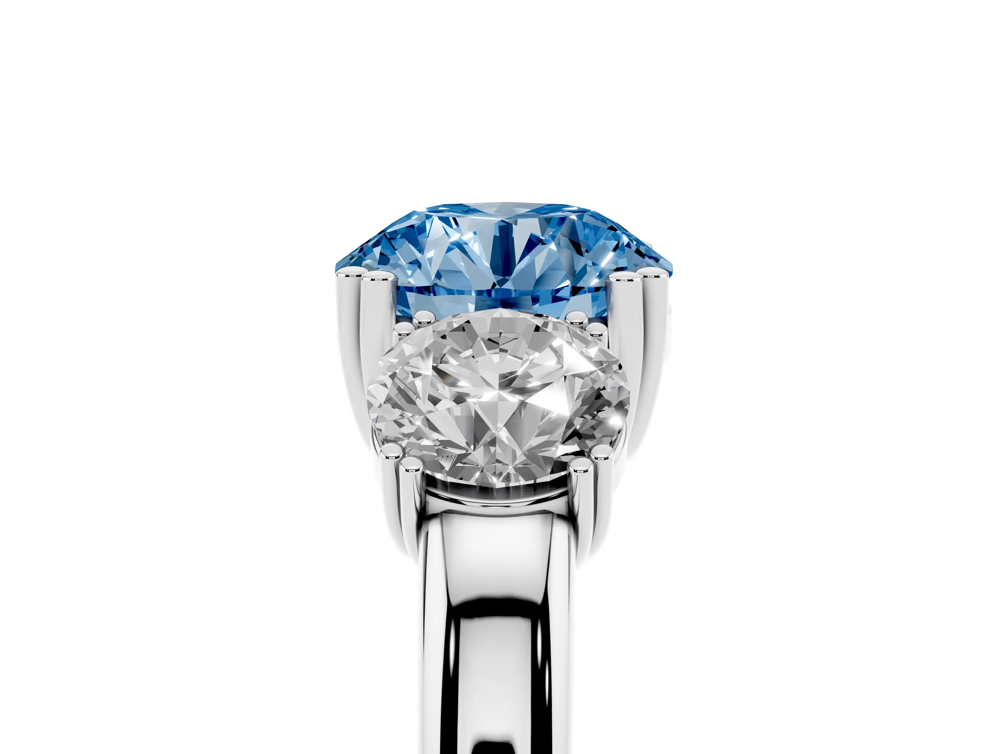 Fancy Blue Round Cut Diamond Three-Stone Ring Set in White gold with Polished Channel-Set Band