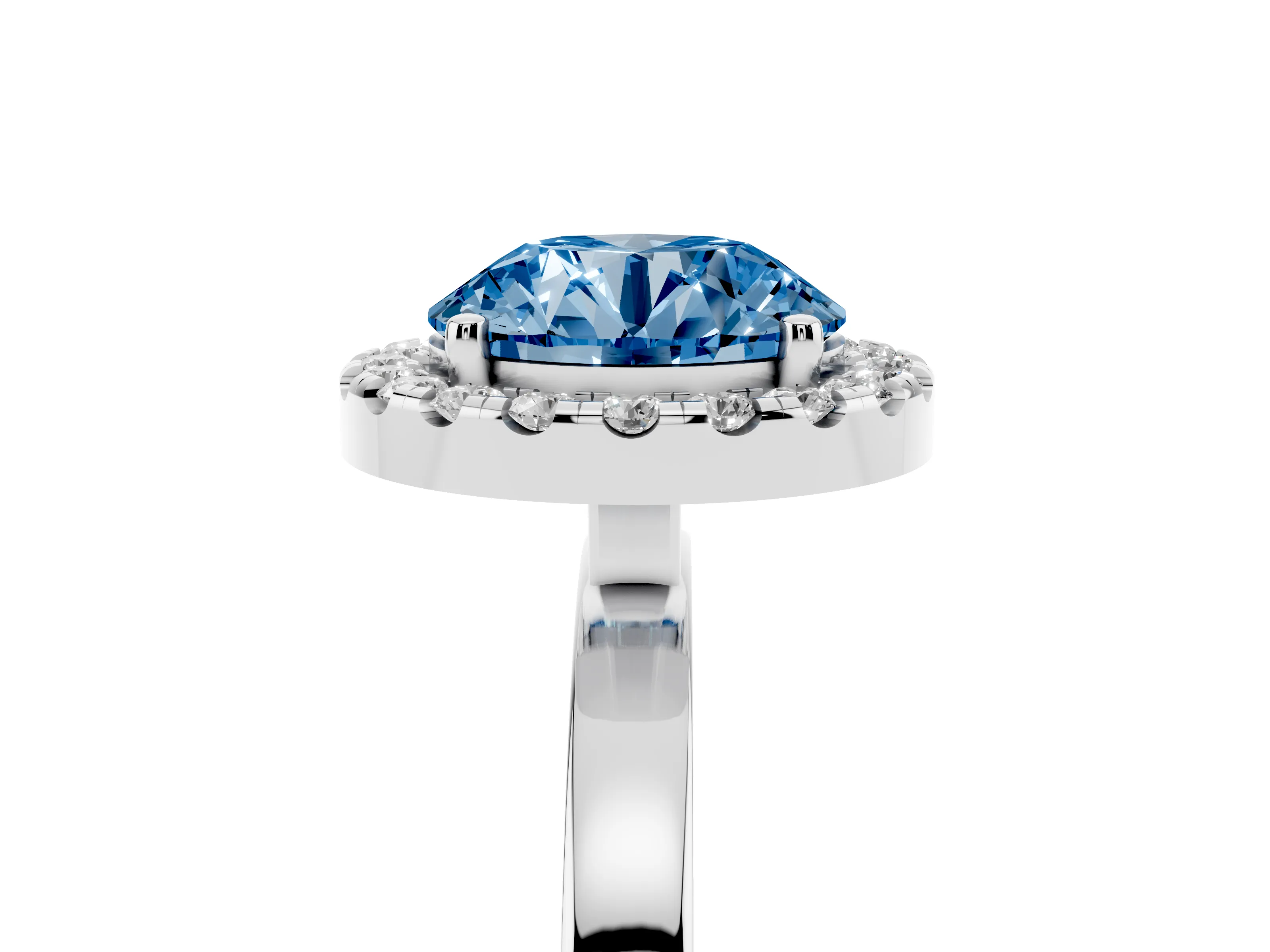 Fancy Blue Round Cut Diamond Halo Solitaire Ring Set in White gold with Pavé Band and Prong Setting