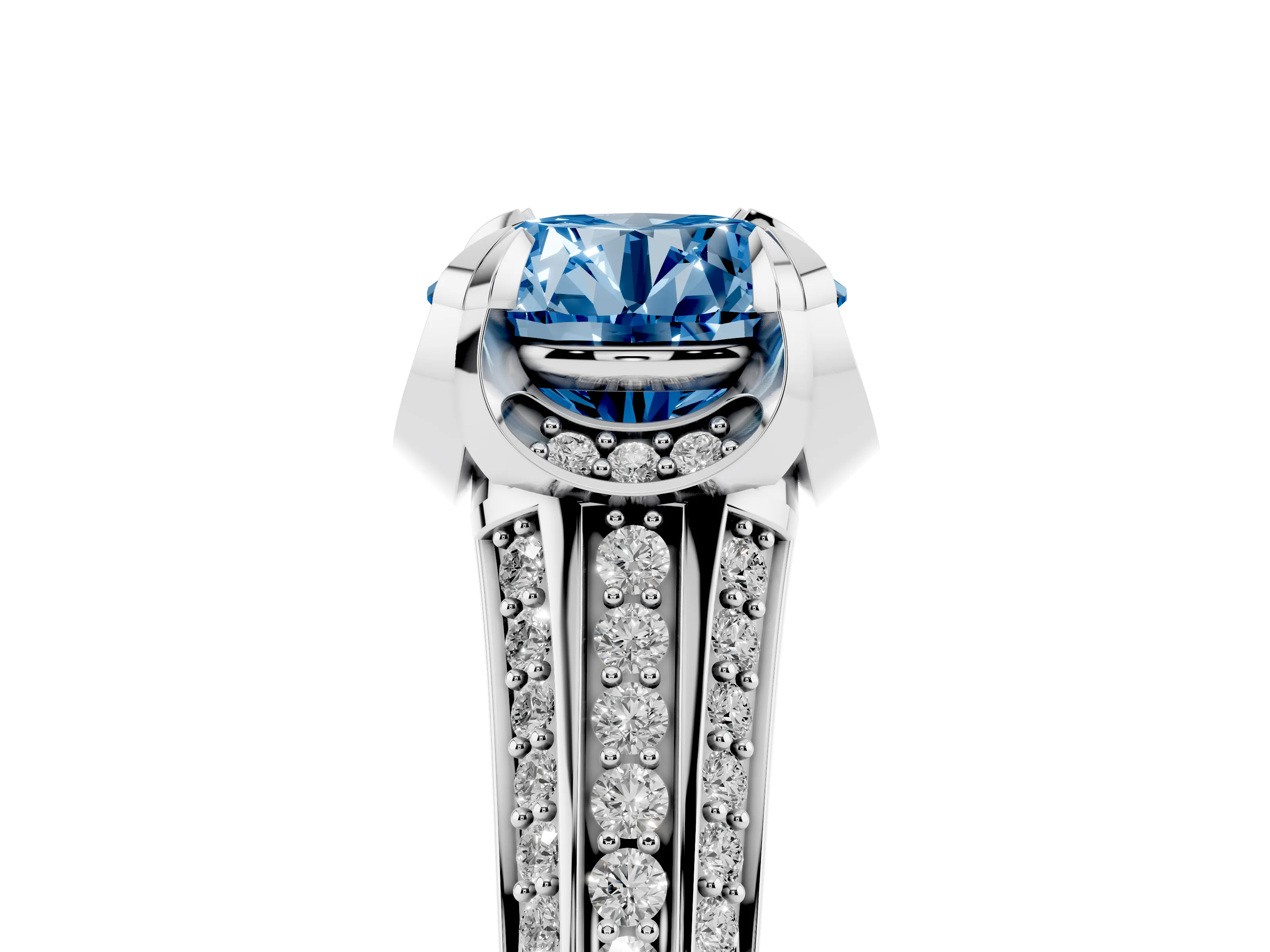 Fancy Blue Round Cut Diamond Pavé Split Shank Solitaire Ring Set in White gold with Prong Setting