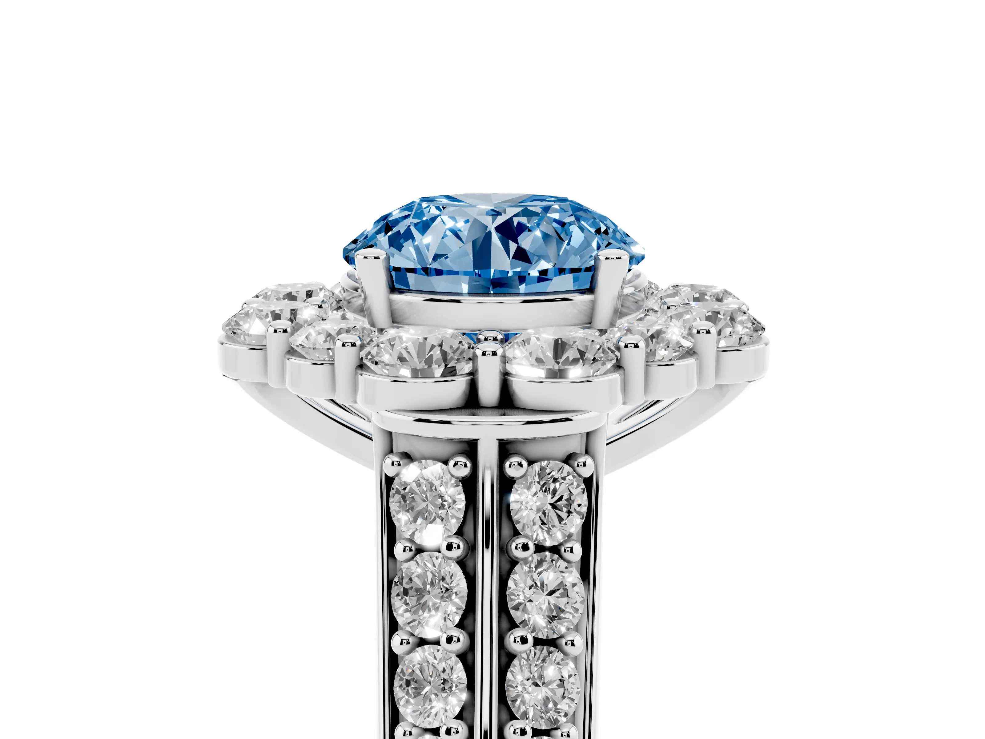 Fancy Blue Round Cut Diamond Halo Engagement Ring Set in Platinum with Split Shank and Prong Setting